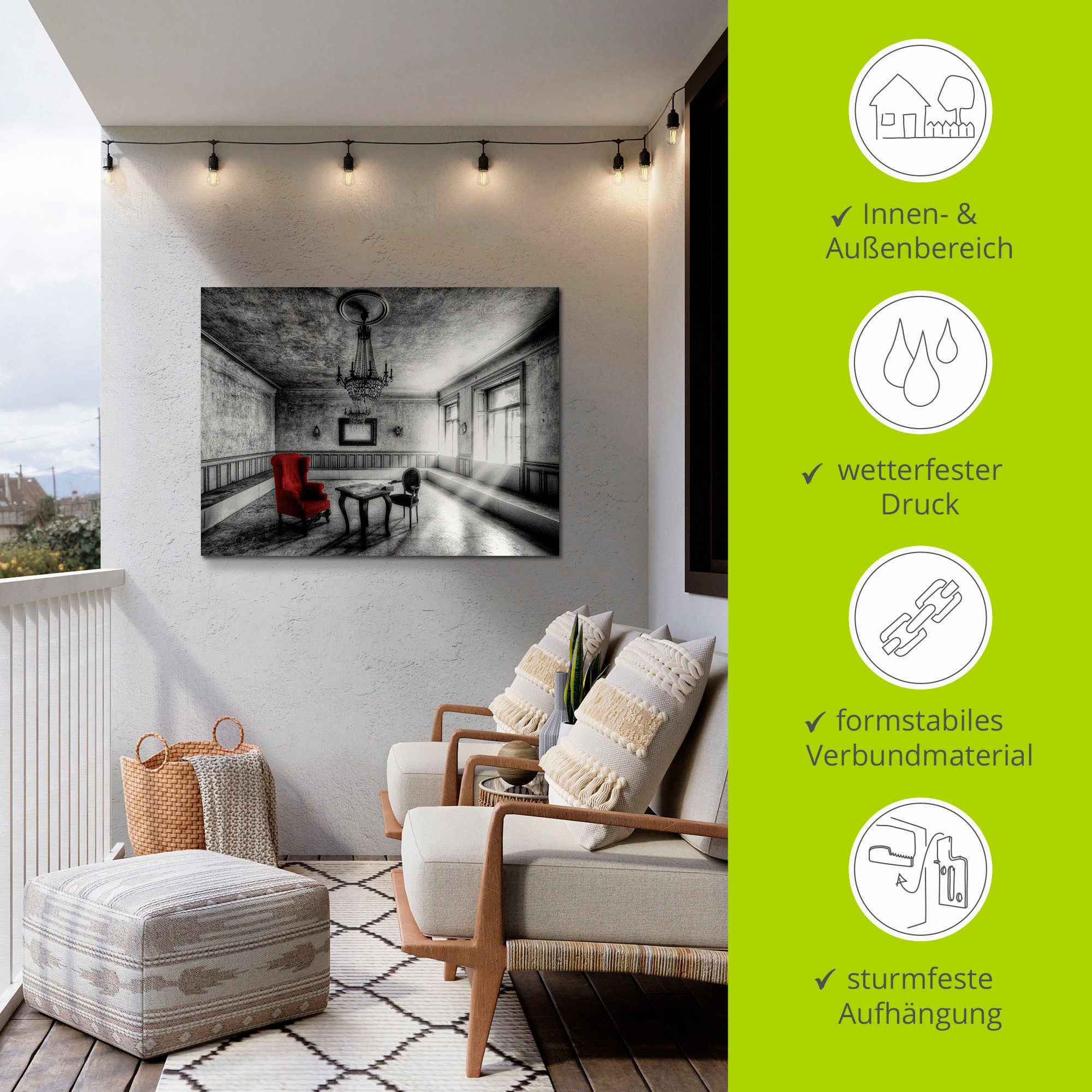 Artland Artprint Lost Place - rode fauteuil als artprint van aluminium, artprint voor buiten, artprint op linnen, poster, muursticker