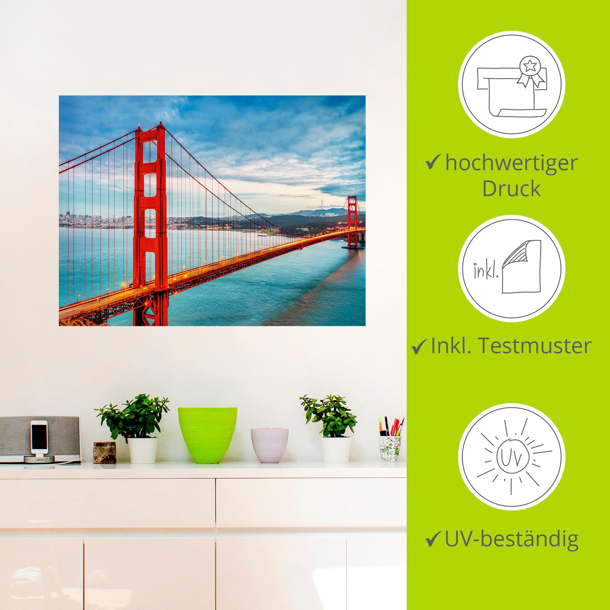Artland Artprint Golden Gate Bridge als artprint van aluminium, artprint voor buiten, artprint op linnen, poster, muursticker