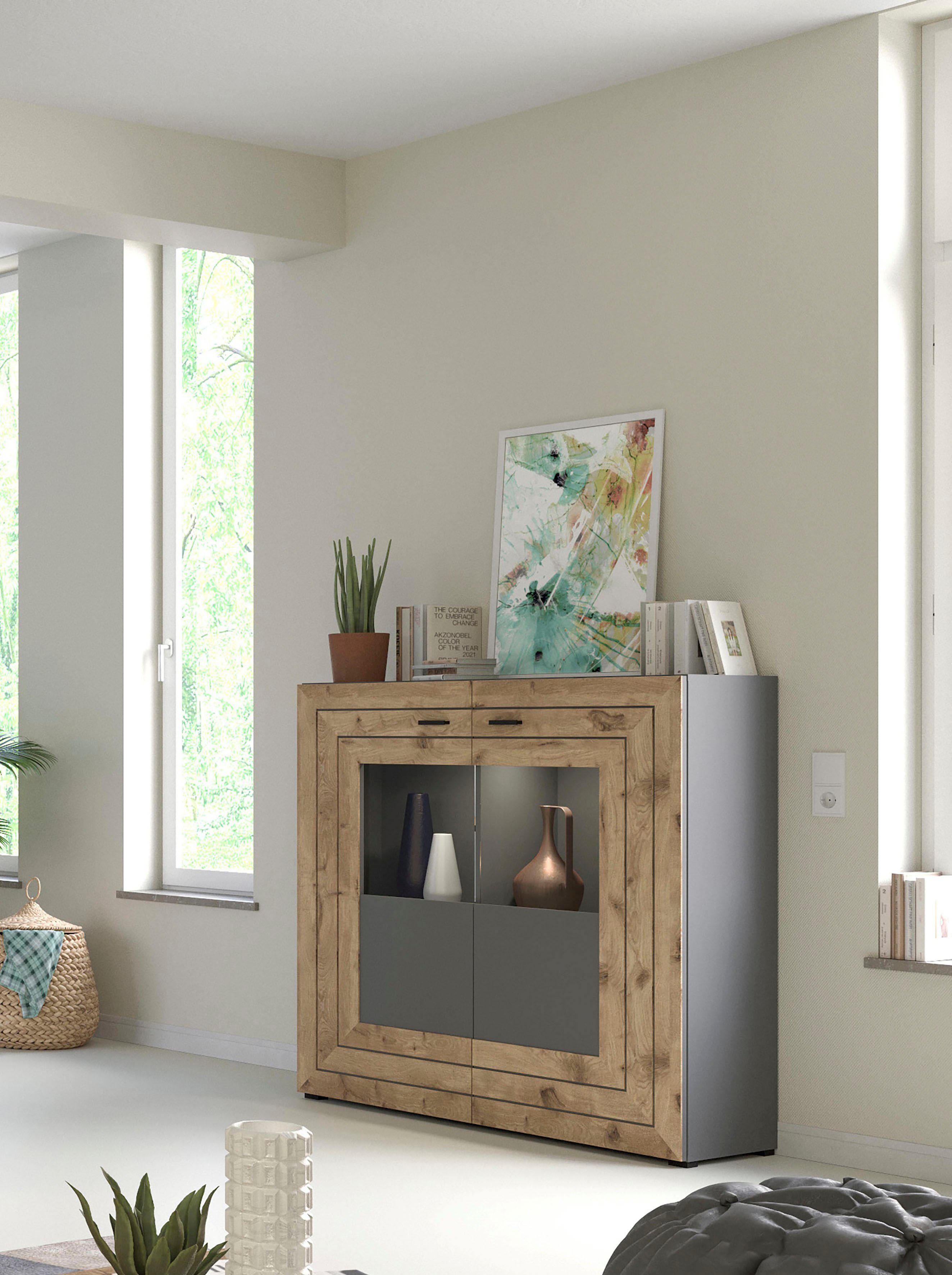 INOSIGN Highboard Aalborg, hoogte 117 cm, 2 glazen deuren, 6 vakken, 2-kleurig, metalen handgrepen