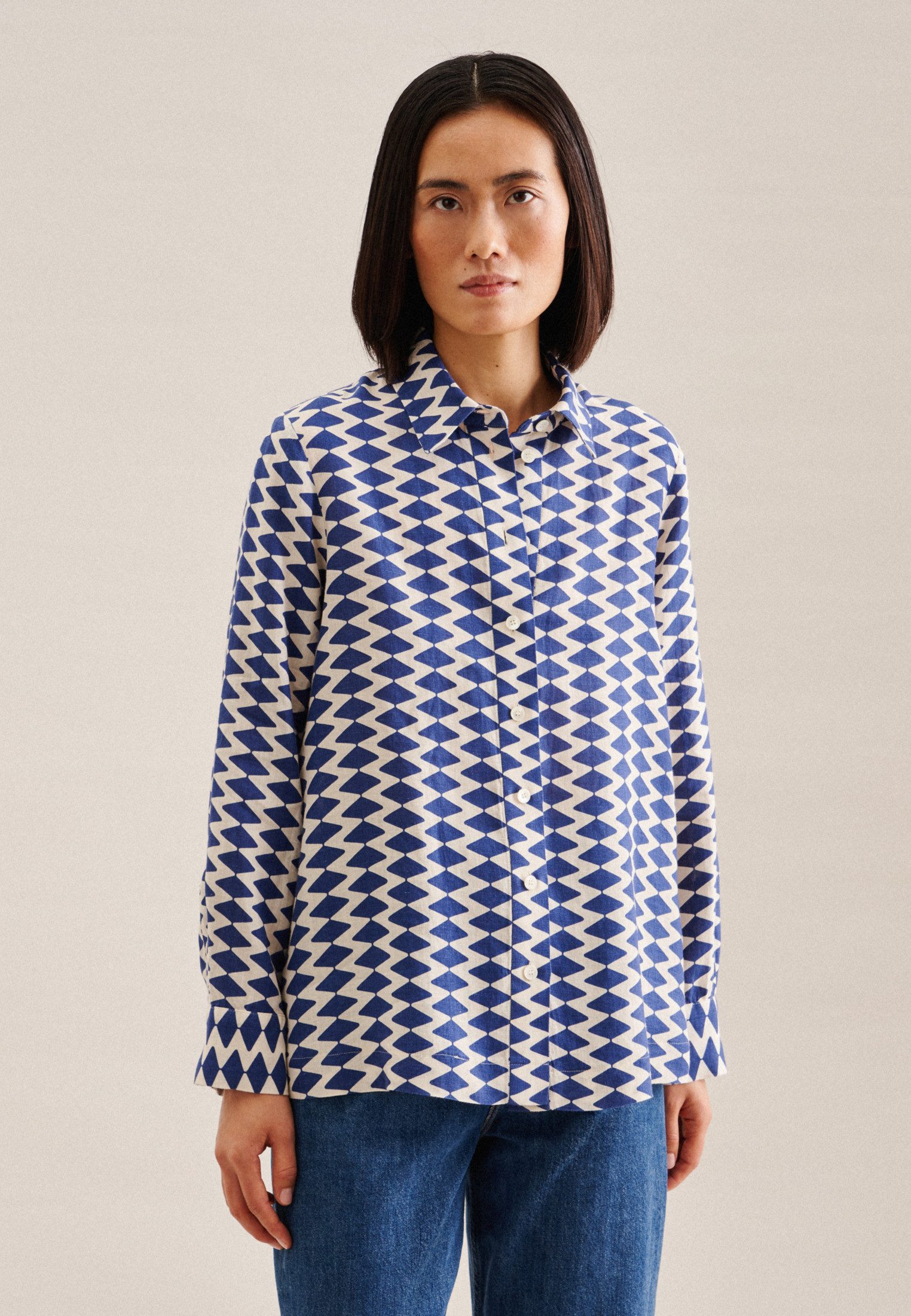 seidensticker Overhemdblouse Zwarte roos Lange mouwen kraag geometrische motieven dames lange blouses maat M (38) blauw
