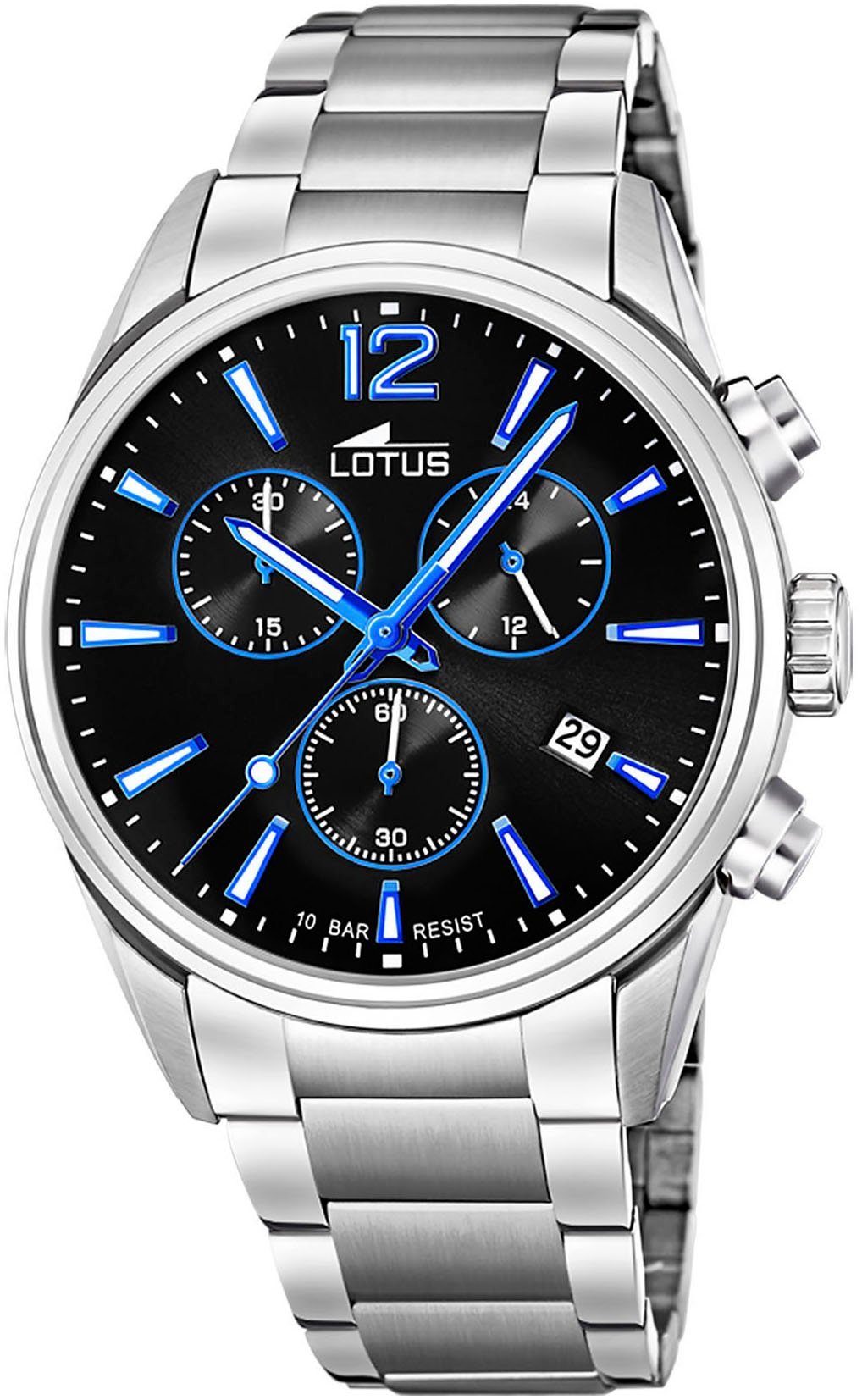 Lotus Chronograaf Horloge, quartz, herenhorloge, roestvrijstalen band, tot 10 bar waterdicht