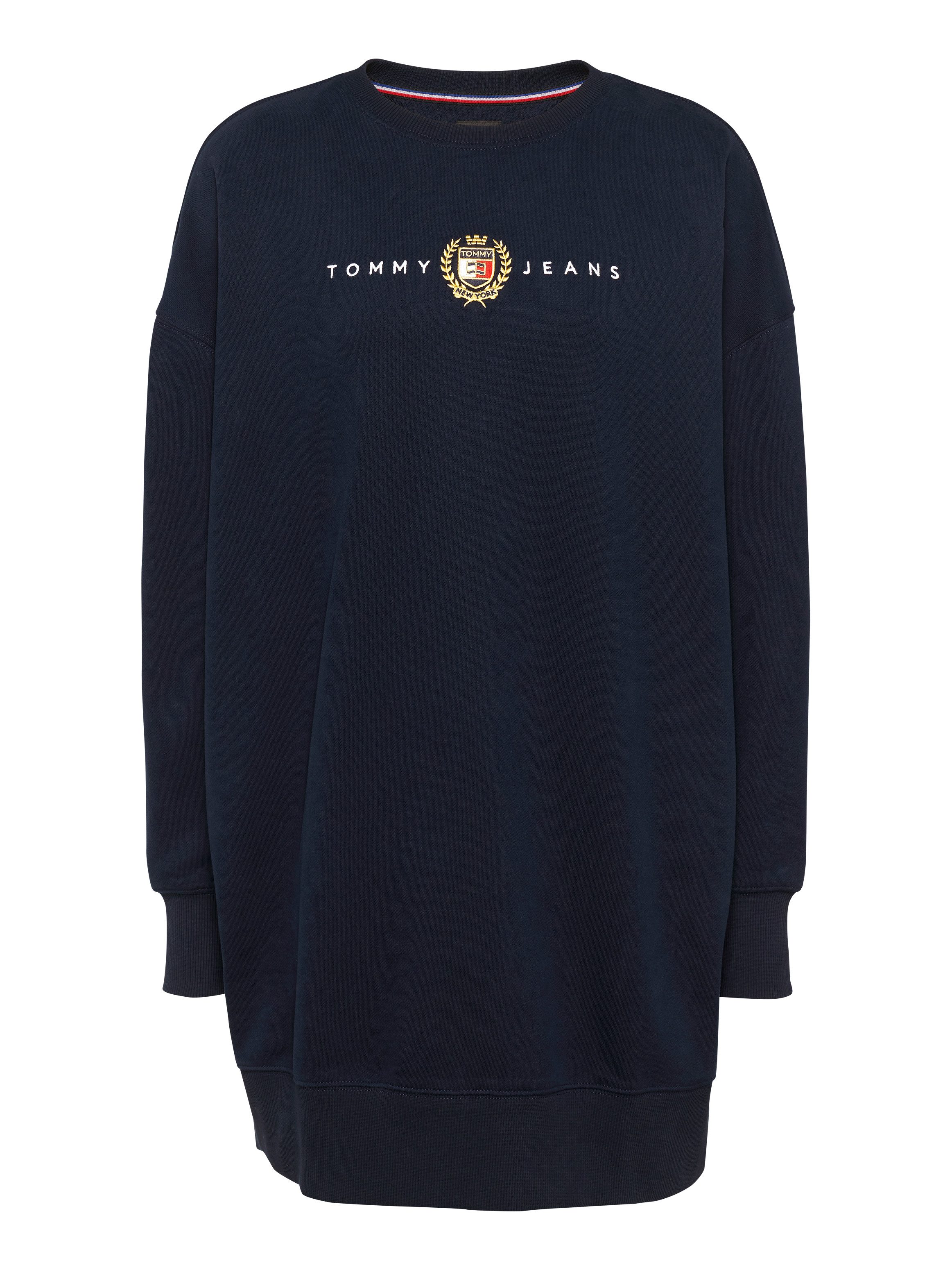 Tommy Jeans Curve Jerseyjurk TJW CREST LINEAR CREW DRESS EXT in grote maten, lineaire logo-opdruk