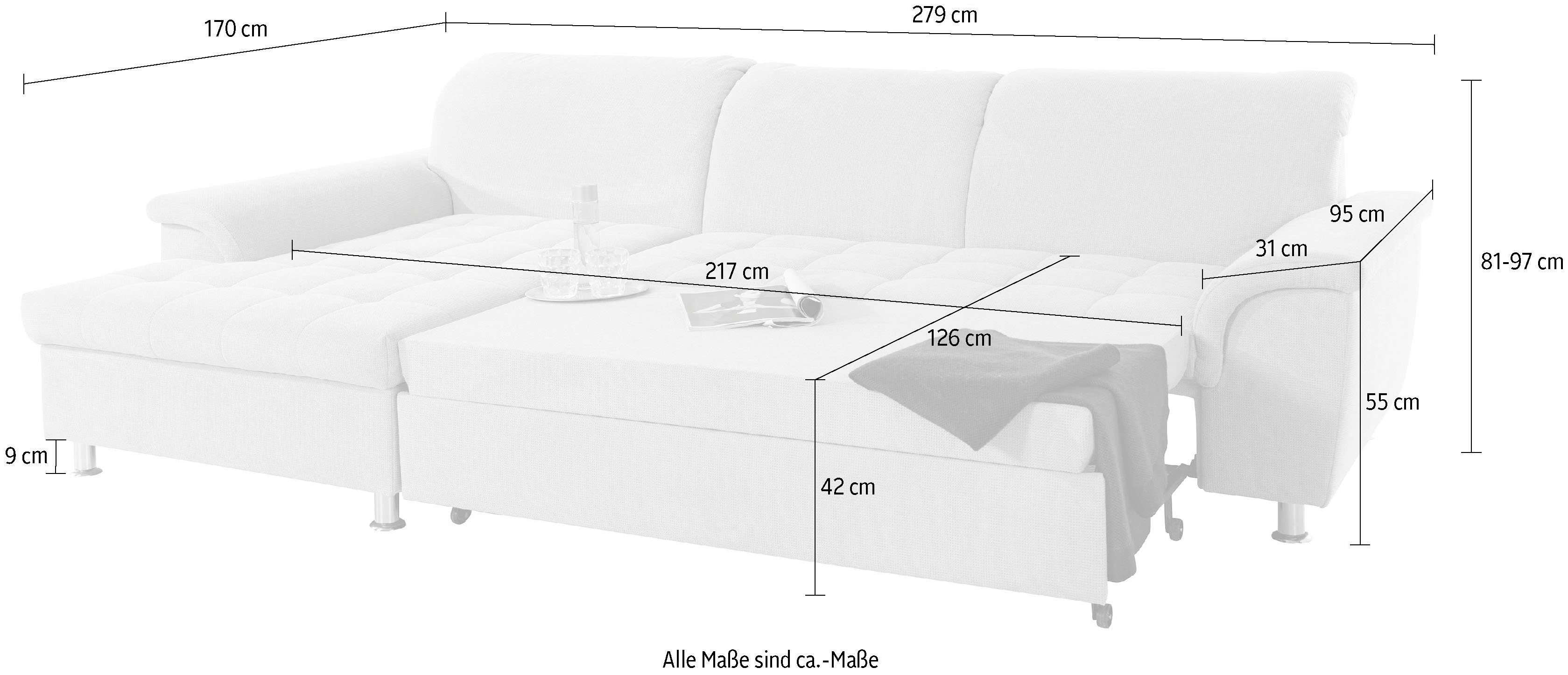 DOMO collection Hoekbank Franzi L-vorm naar keuze met verstelbare hoofdsteun (dan diepte: 170 cm)