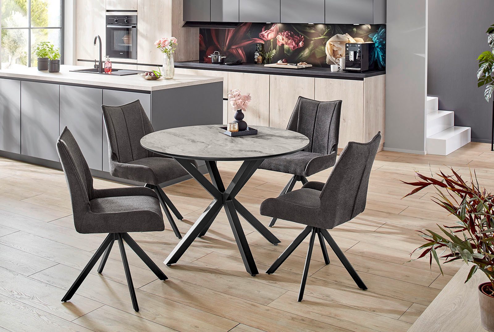 Jockenhöfer Gruppe Eettafel Ontario rond, 110 cm ø, marmerlook, metalen onderstel eettafels grijs