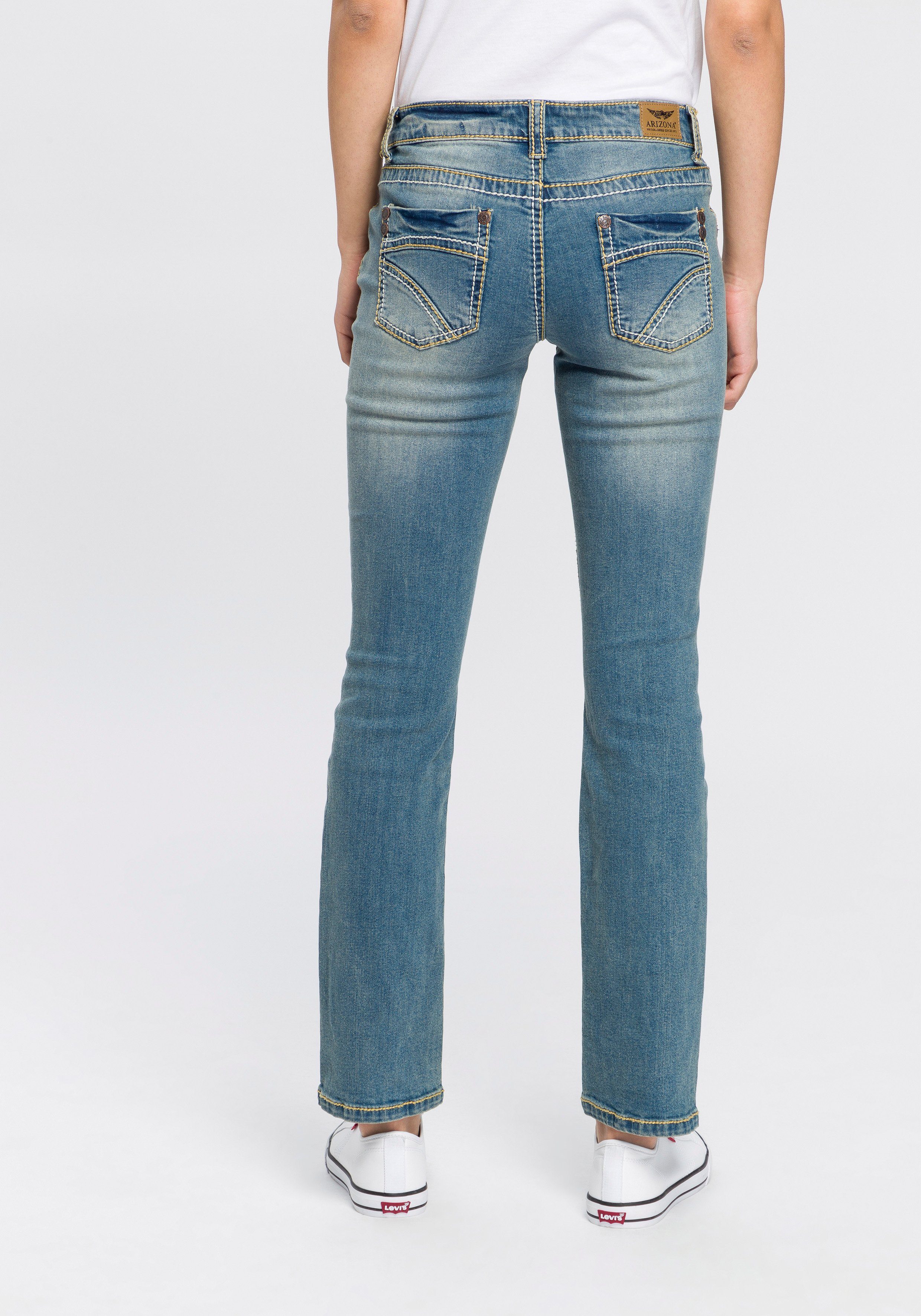 Arizona Rechte jeans Contrastnaden lage taille, in 5-pocket-vorm, used-look-wassing