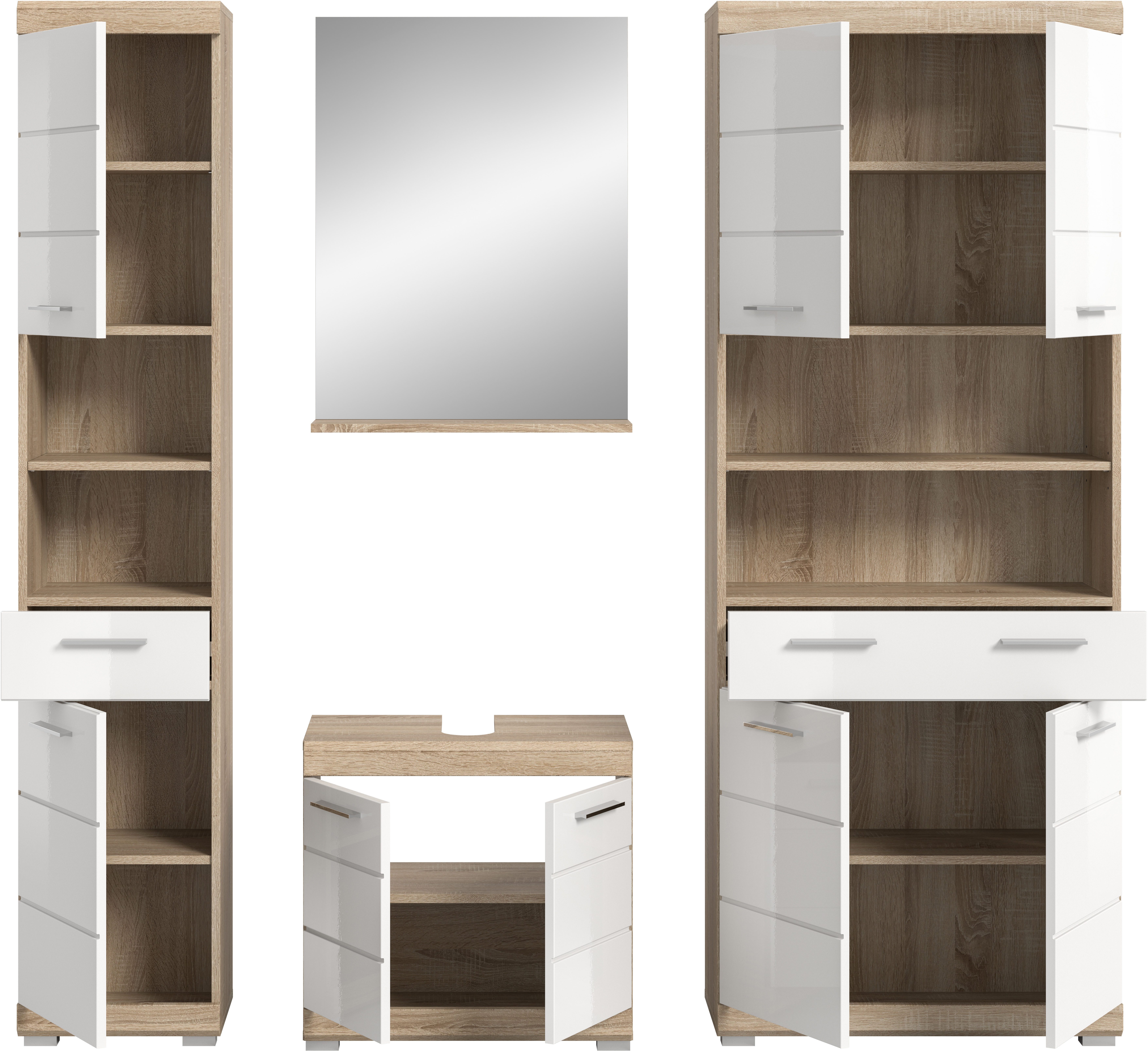 INOSIGN Badkamerserie Siena, 4-delig, bestaande uit: Hoge kast, wastafelonderkast, badkamer spiegel, brede hoge kast (set, 4-delig)