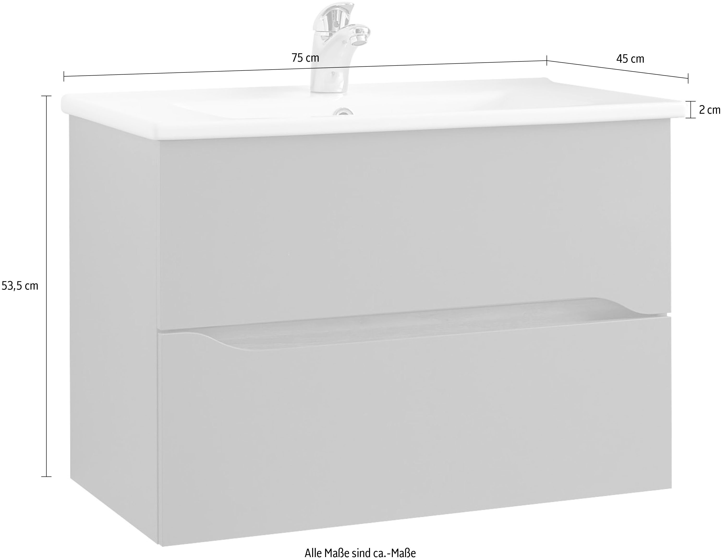 Saphir Wastafelonderkast Quickset keramische wastafel met onderkast, 75 cm breed Wastafelmeubel, onderkast met wasbak, 2 laden, greeploos
