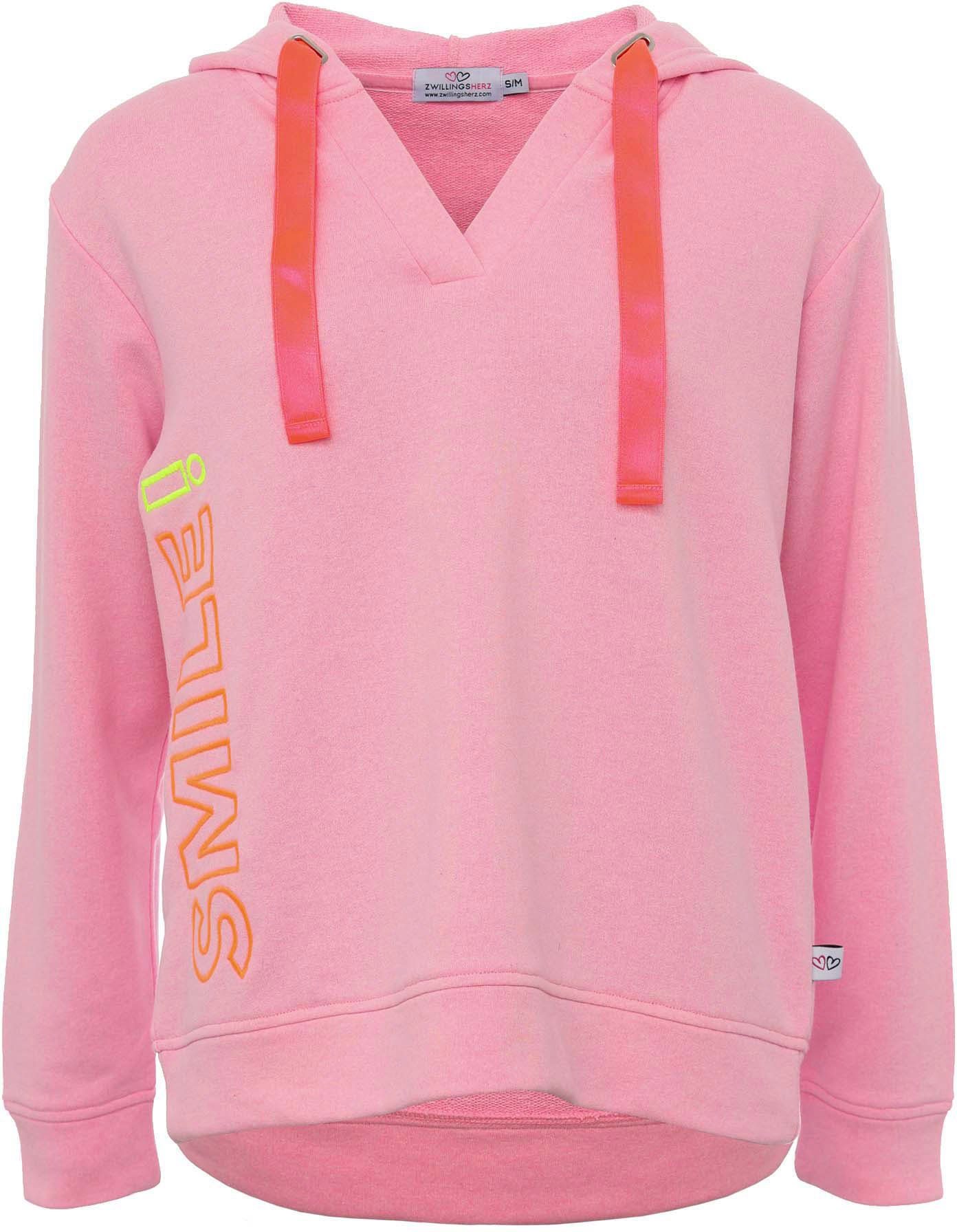 Zwillingsherz Sweatshirt Smile met brede banden, v-halslijn en details in neonkleuren