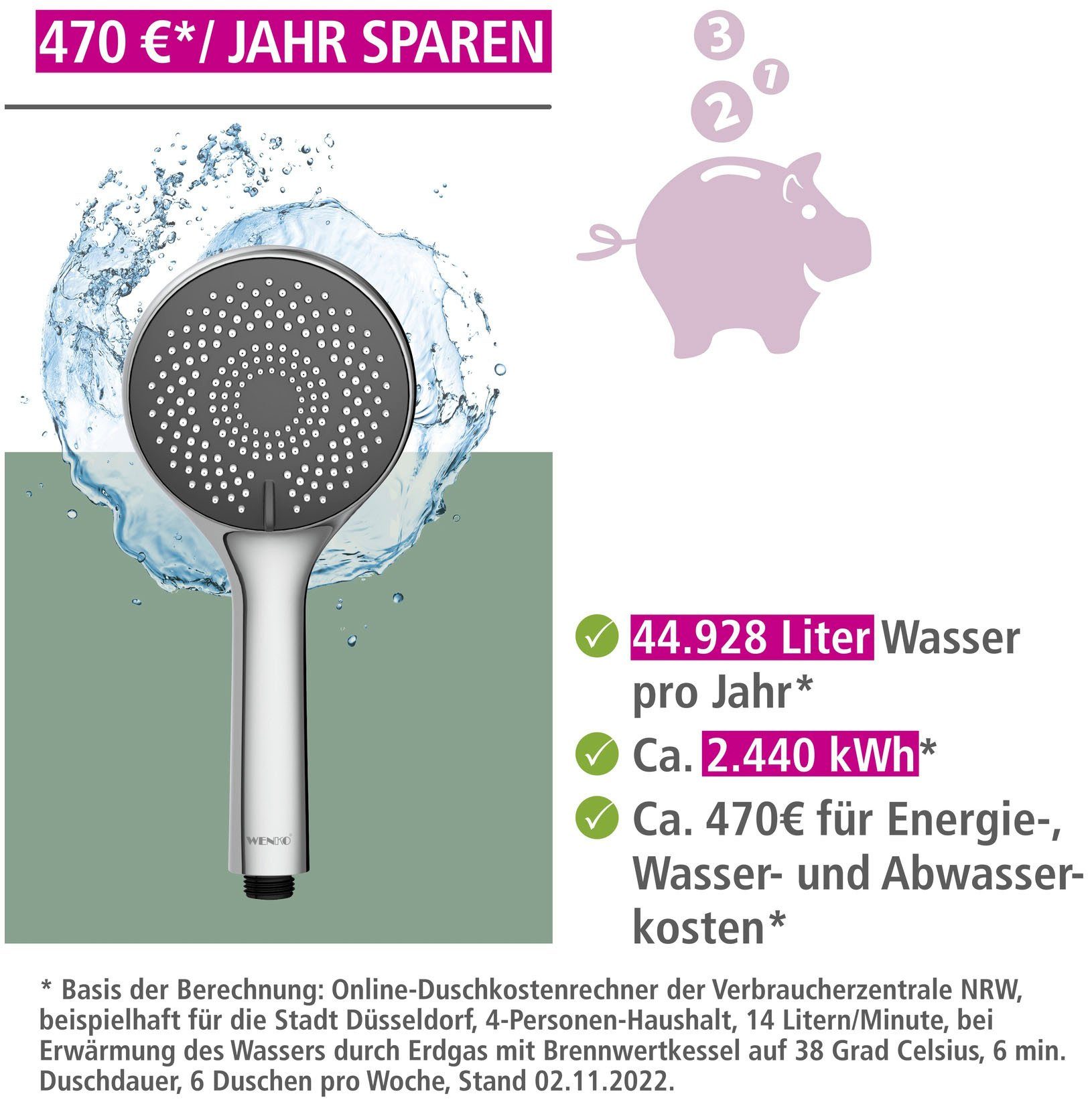 WENKO Handsproeier Watersaving systeem Douchekop Watersaving grijs, diameter 11 cm
