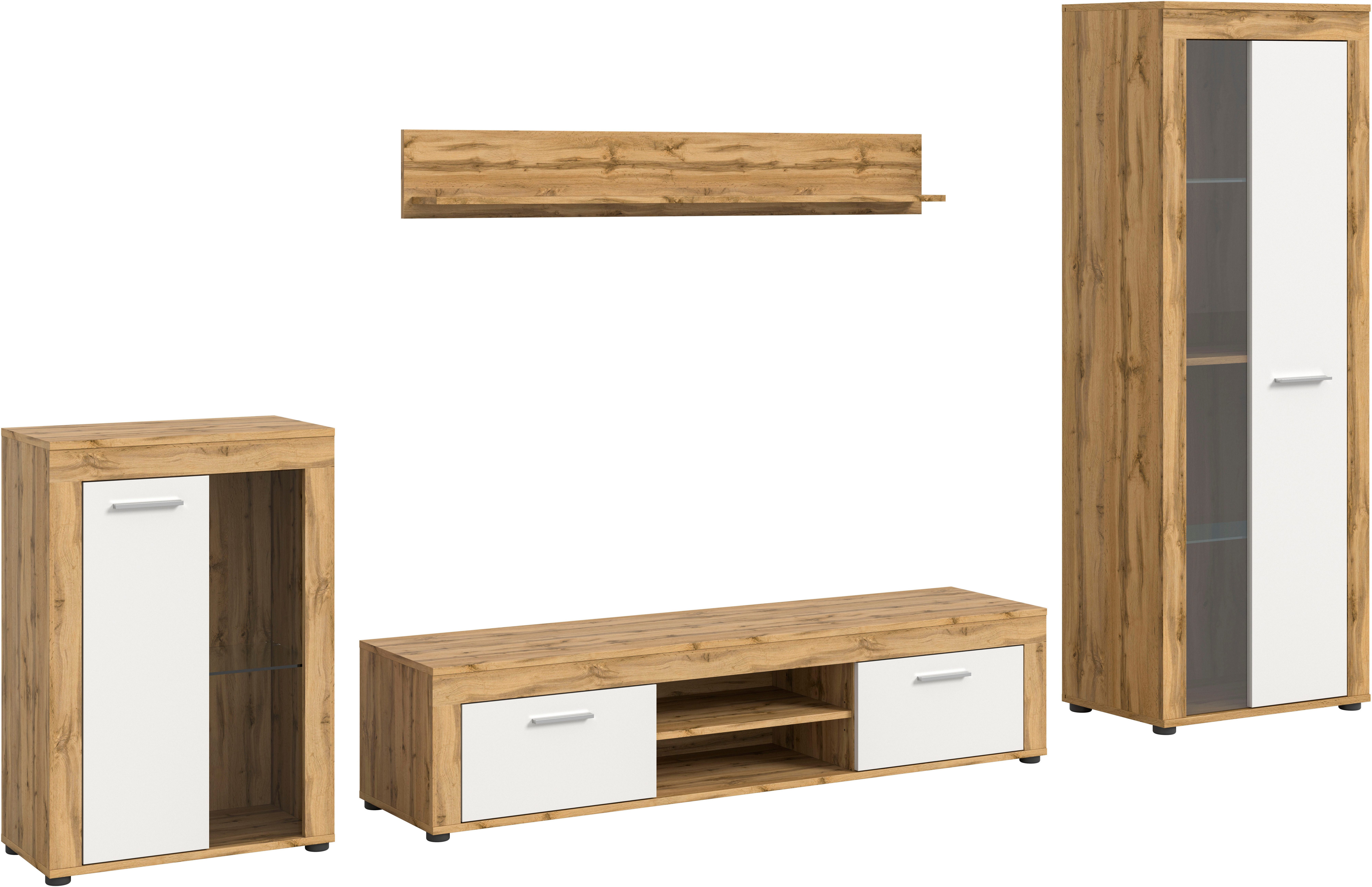 INOSIGN Wandmeubel Aosta, 4-delig, bestaande uit: vitrinekast, lowboard, wandplank & hoge vitrinekast (4-delig)