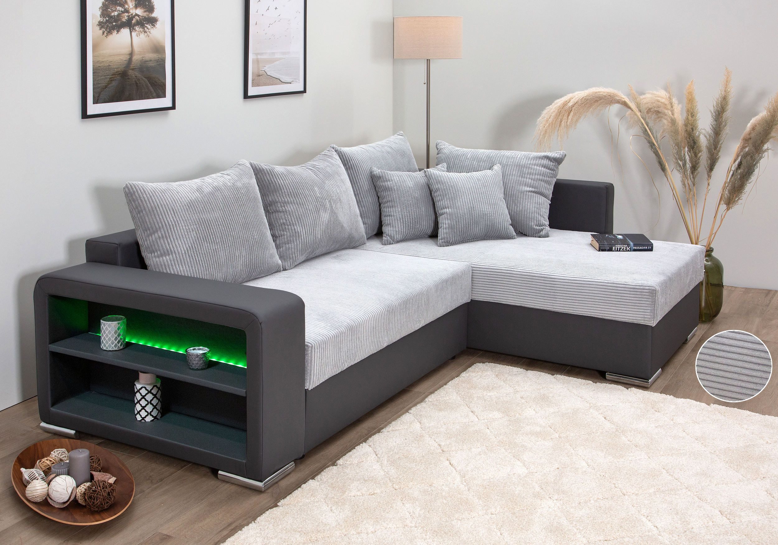 COLLECTION AB Hoekbank L-model Regalarmleuning met LED RGB verlichting, bedfunctie en bedbox