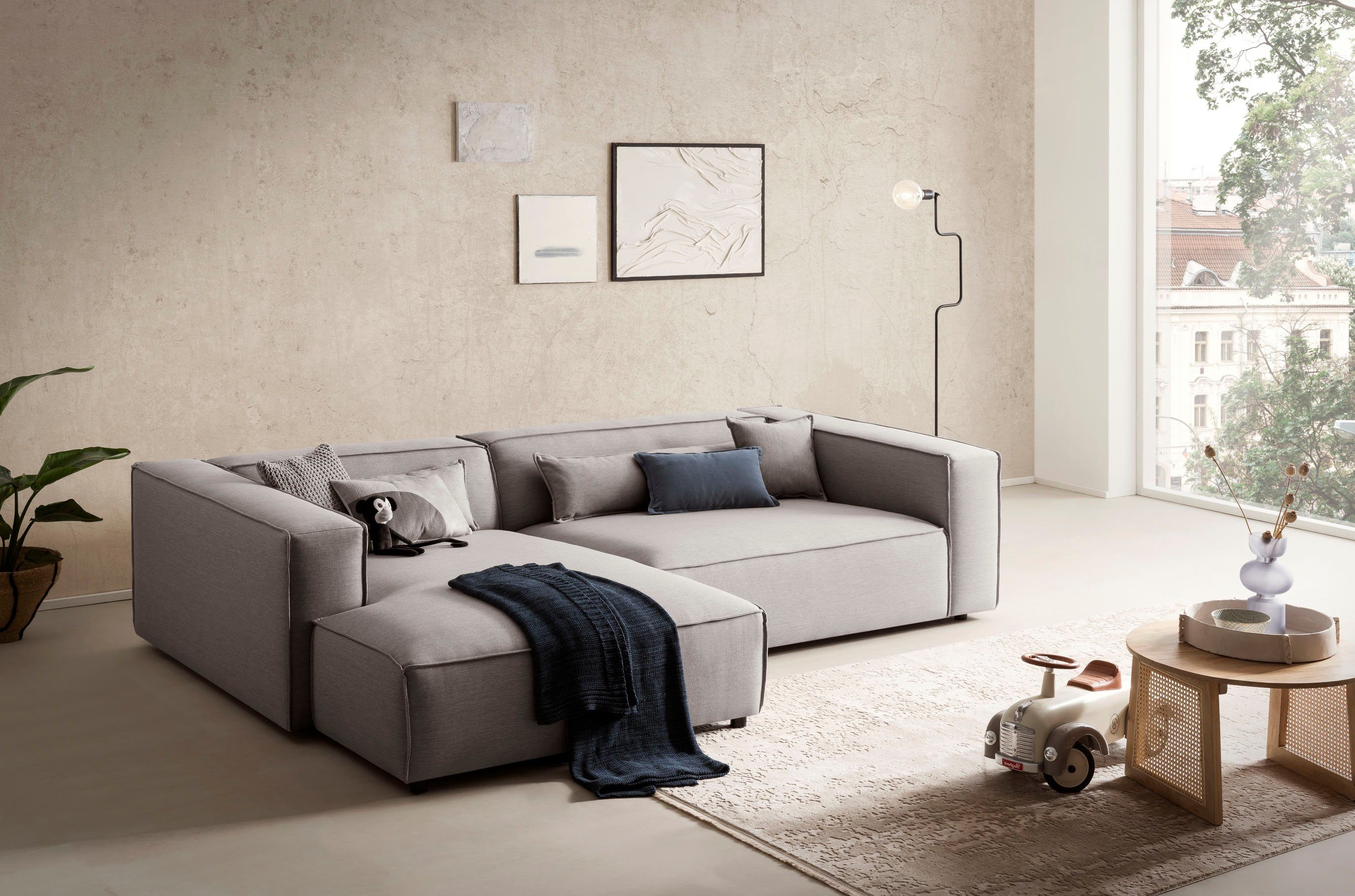 LeGer Home by Lena Gercke Hoekbank PIARA XXL, Big-sofa in cord of linnenlook, L-vorm, met biesnaad