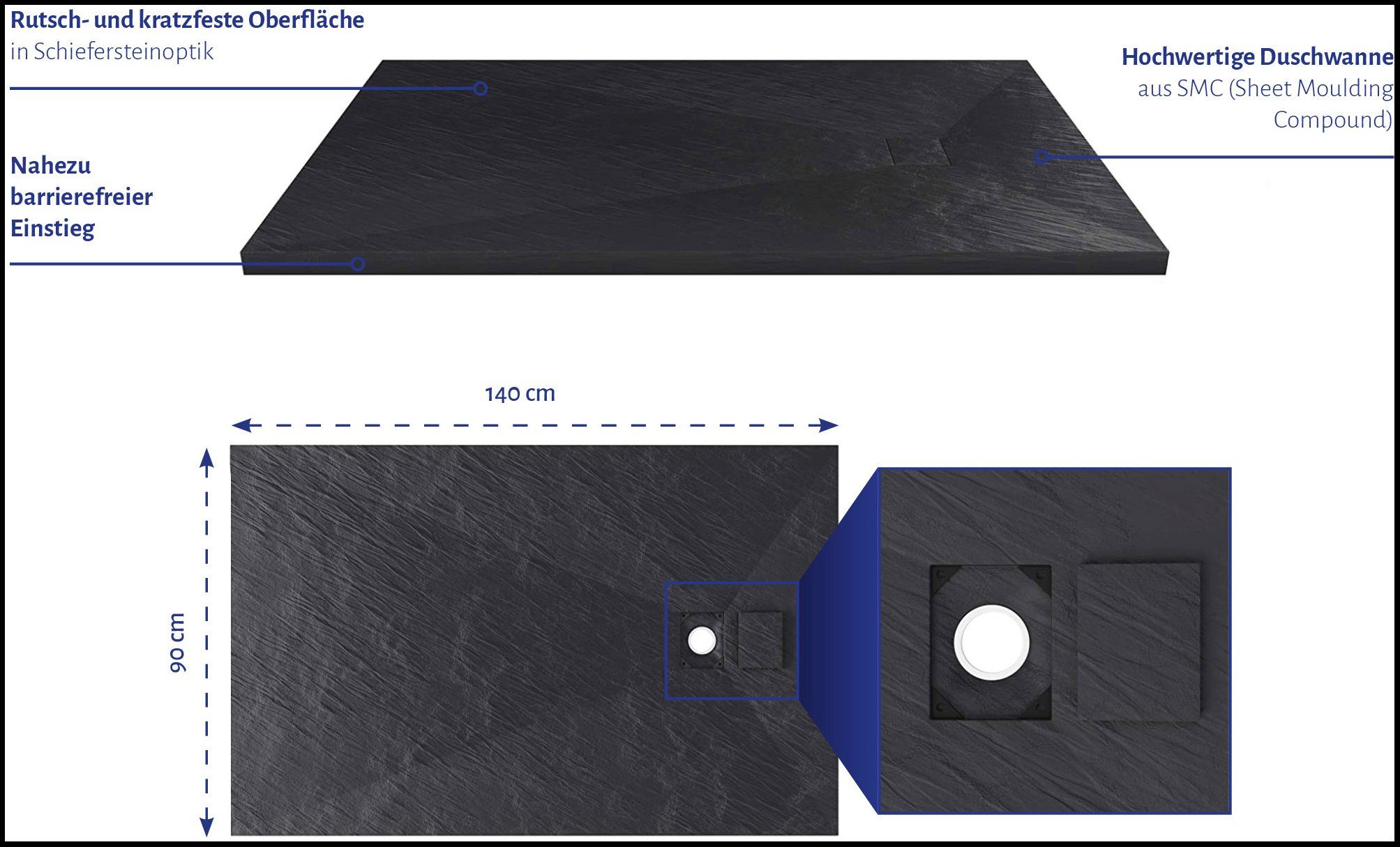 Marwell Douchebak SMC 140 x 90 x 2,6 cm, 140 cm x 90 cm