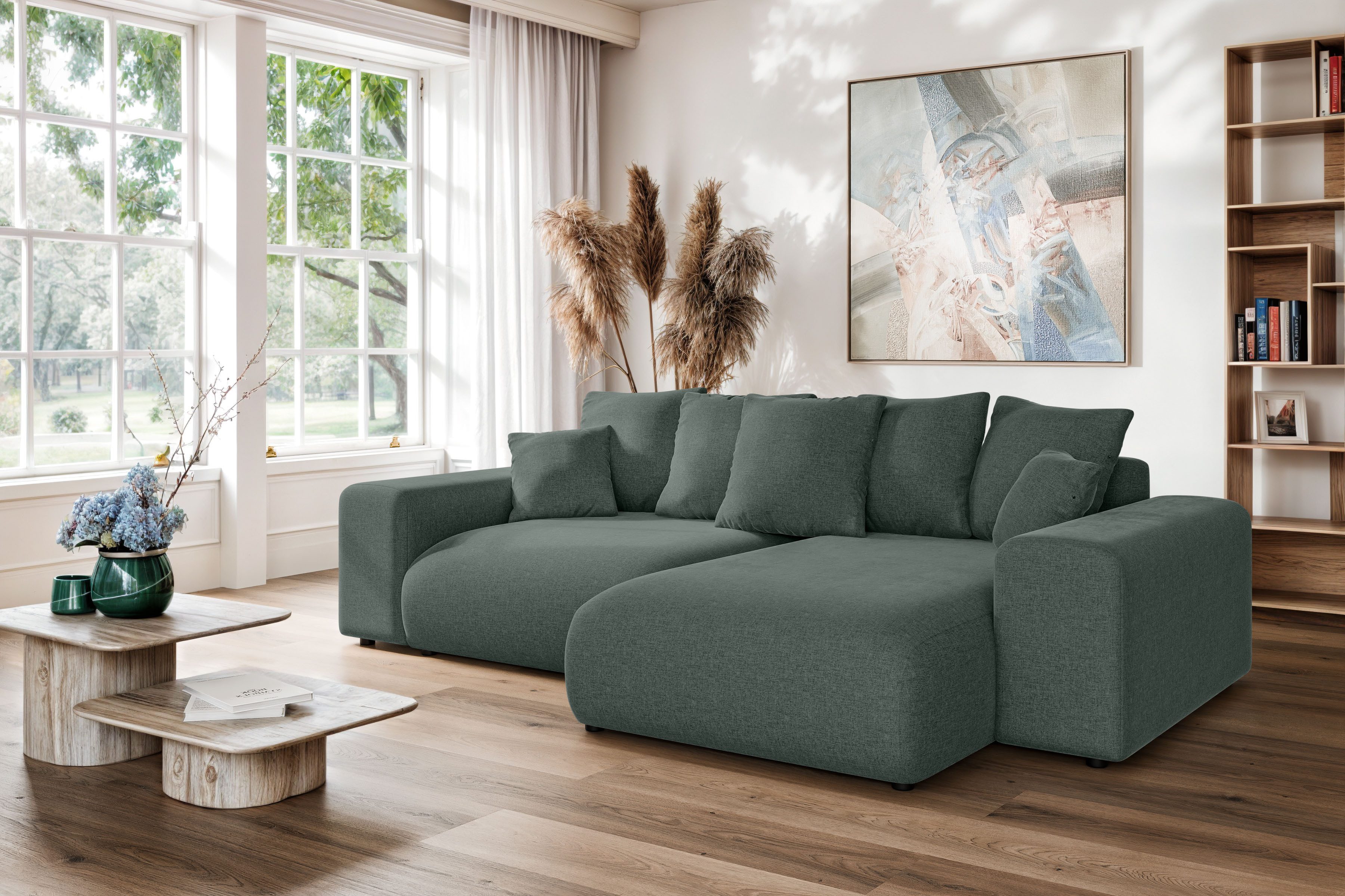 INOSIGN Hoekbank LAKESIDE met bedfunctie en bedlade, B/D/H 257/166/84 cm L-vorm, recamiere aan beide zijden monteerbaar, golfondersteuning