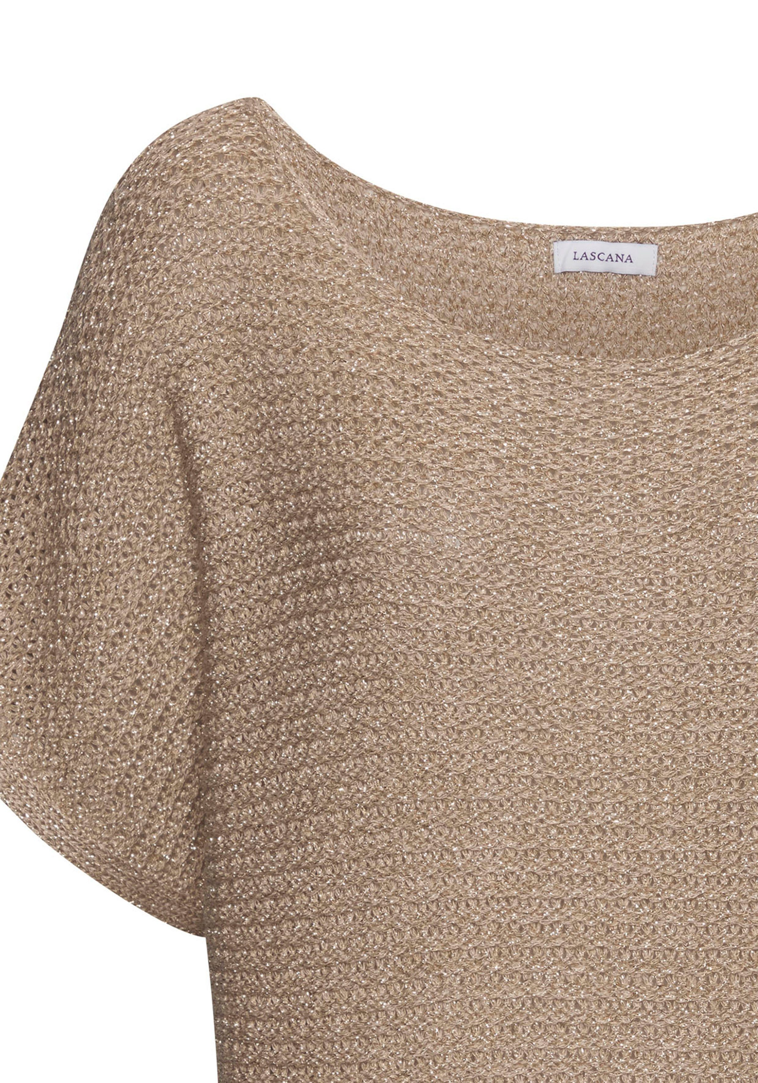 Lascana Trui met korte mouwen in luchtig ajour breiwerk lichte zomertrui metallic-effect