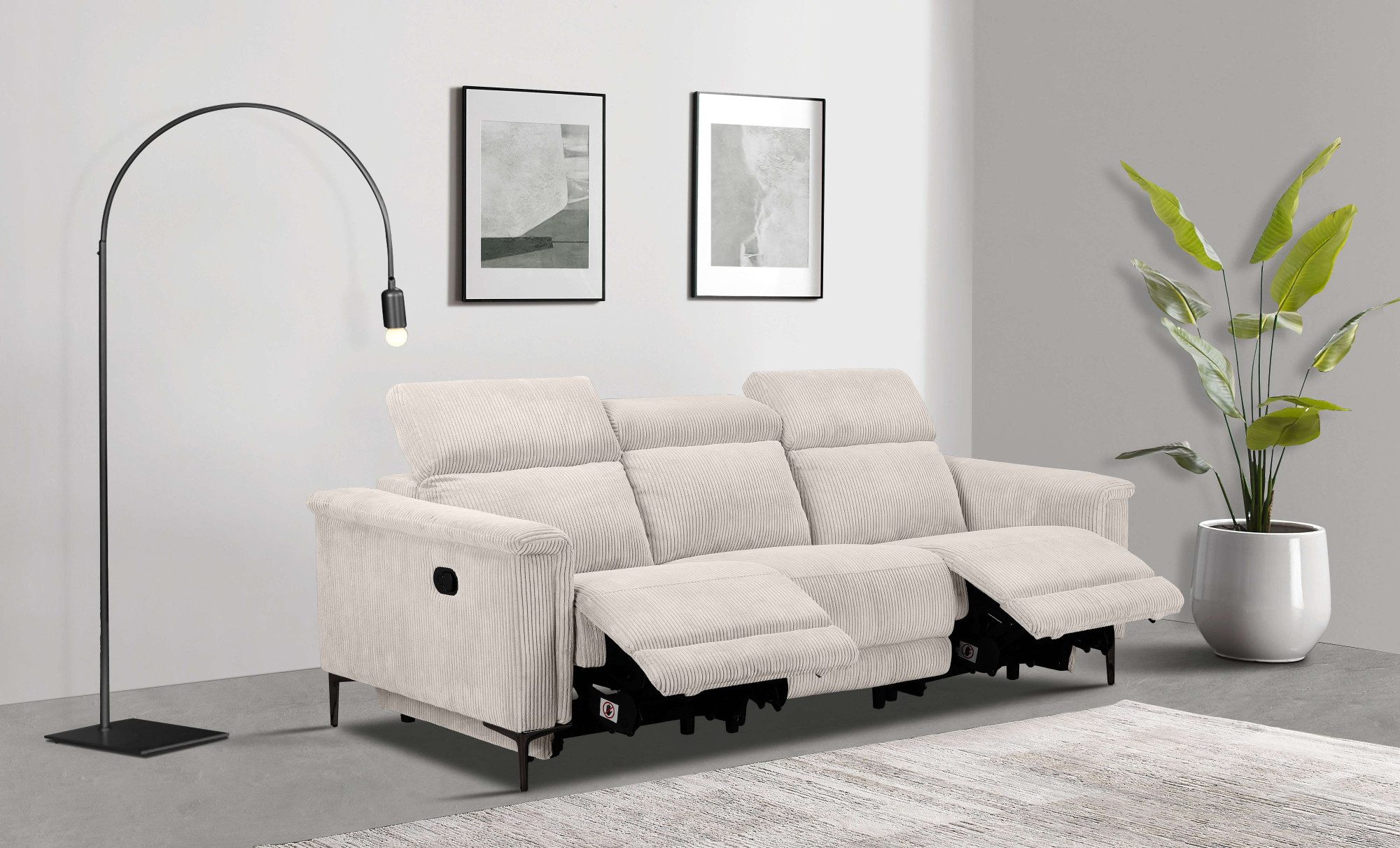 Places of Style 3-zitsbank Lund Cord, met handmatige of elektrische relaxfunctie in 2 zitplaatsen