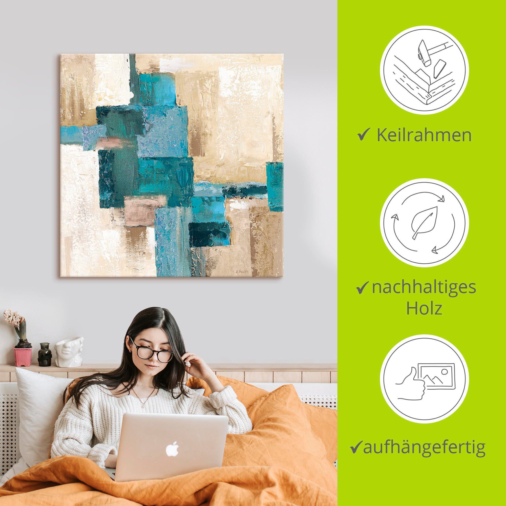 Artland Artprint Abstracte ruiten beige-turquoise als artprint van aluminium, artprint voor buiten, artprint op linnen, poster in verschillende maten. maten
