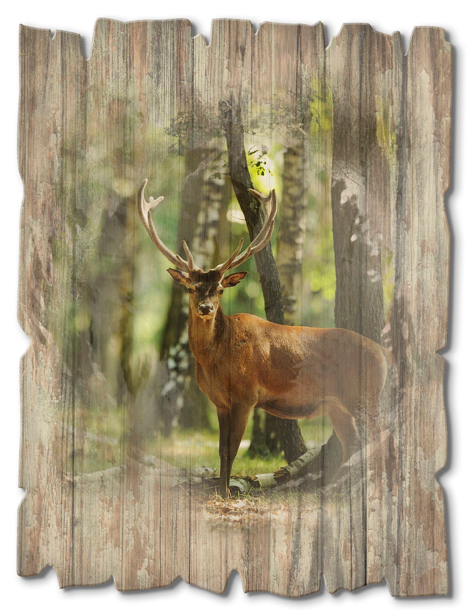 Artland Artprint op hout Edelhert 4 - bos artprint op hout groen