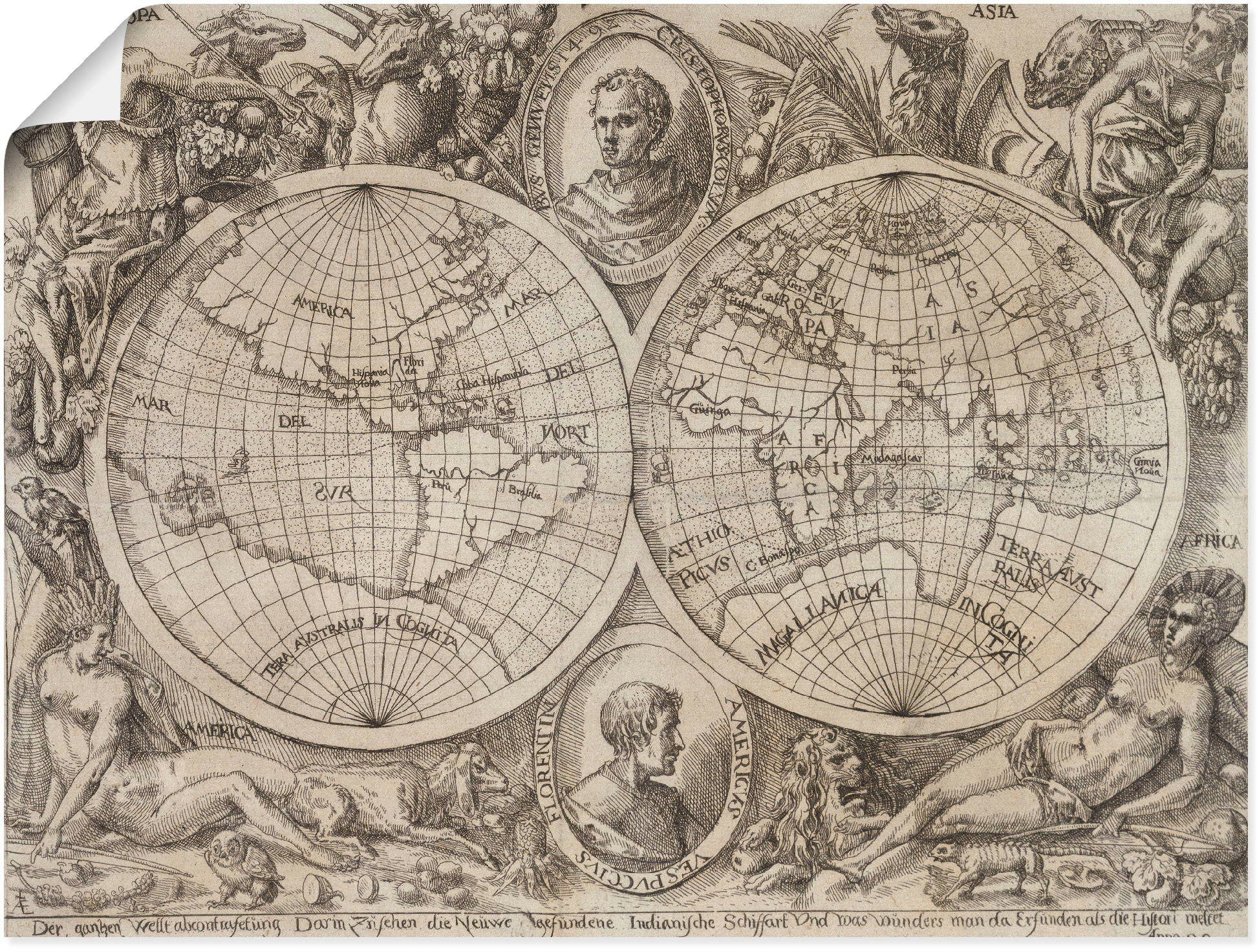 Artland Artprint Kaart van de hemisferen van de aarde. 1597 in vele afmetingen & productsoorten -artprint op linnen, poster, muursticker / wandfolie ook geschikt voor de badkamer (