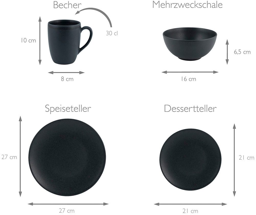 CreaTable Combi-servies Servies-set Soft Touch Black Servies, zwart, zijdemat glazuur, 16 delen, voor 4 personen (set, 16-delig)