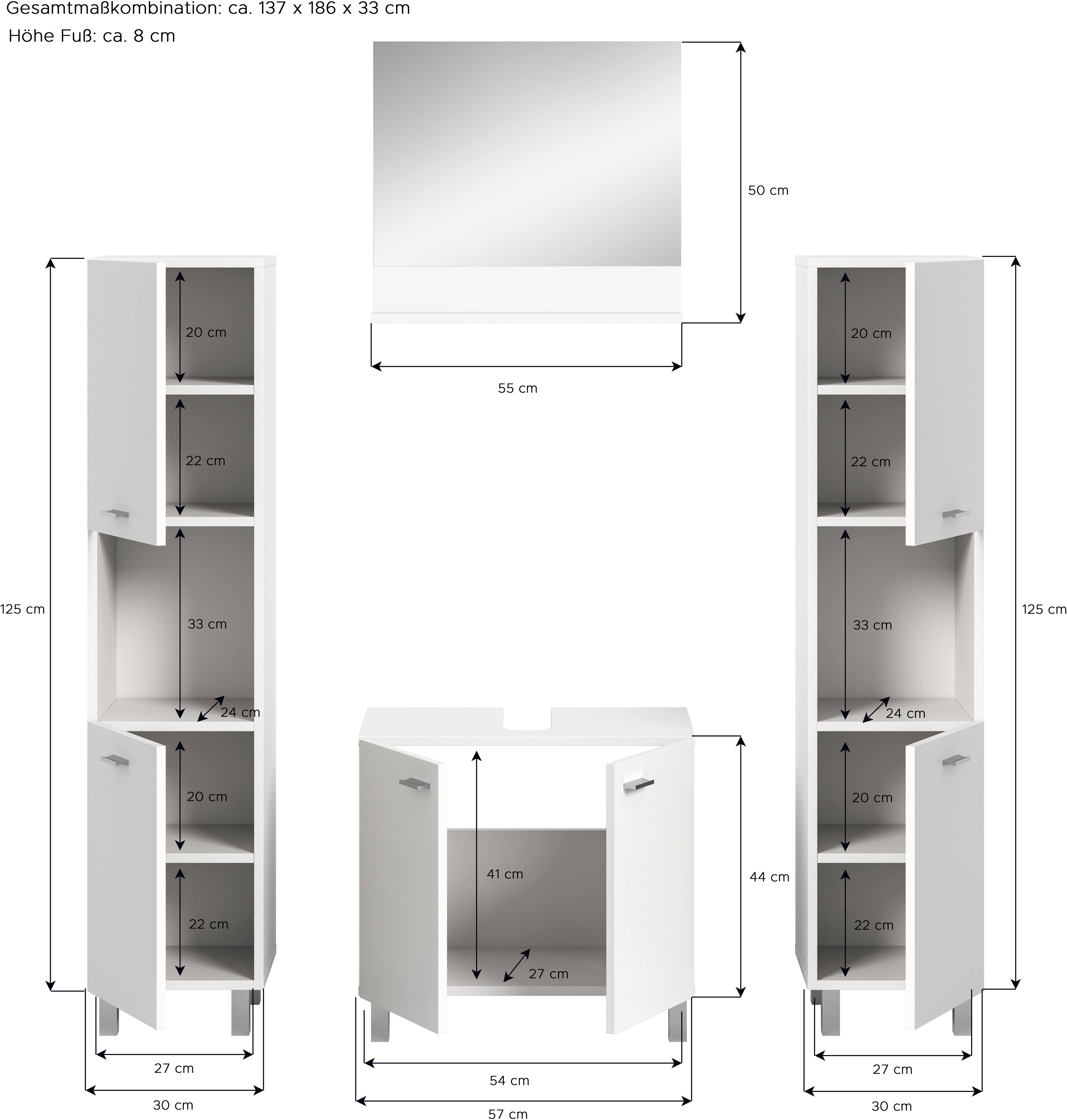 welltime Badmeubelset Tampa, breedte 137cm, 4-delig Wastafelonderkast, spiegel, hoge kast (4 stuks)
