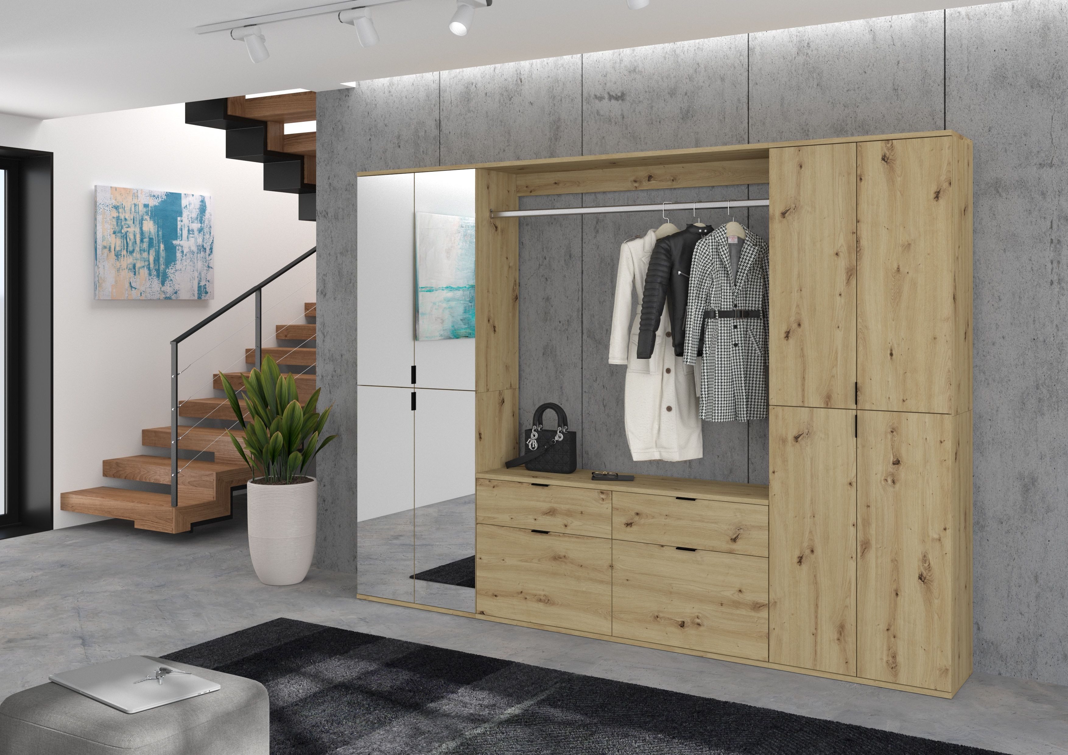 INOSIGN Multifunctionele kast Trondheim, Hoogte 193 cm, 4 Deuren, 9 Vakken, 7 Planken incl. uitschuifbare kledingstang, garderobekast, kledingkast