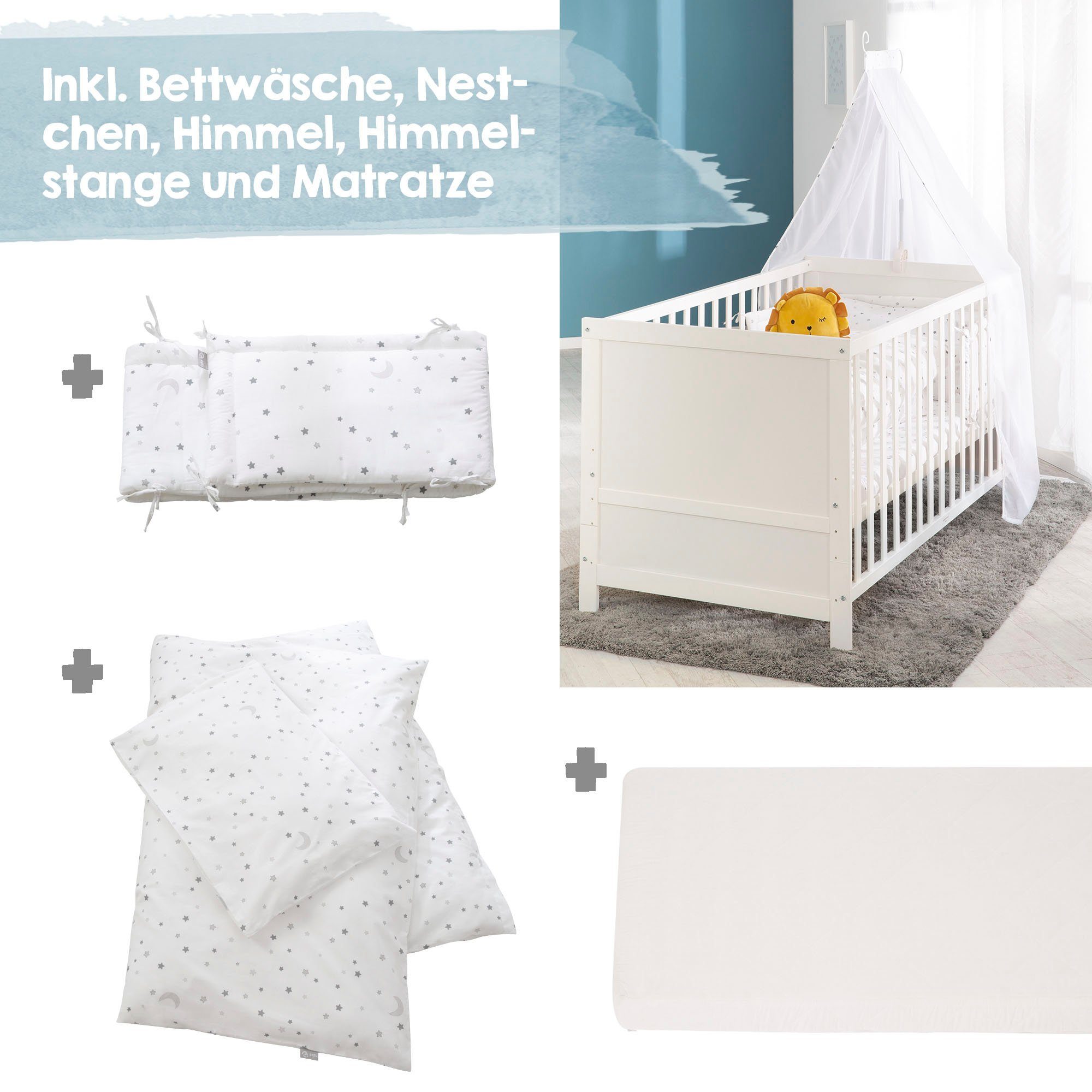 Roba® Compleet bed Magische sterren, wit inclusief ledikantje, matras, lattenbodem, hemelstang met hemel (7-delig)