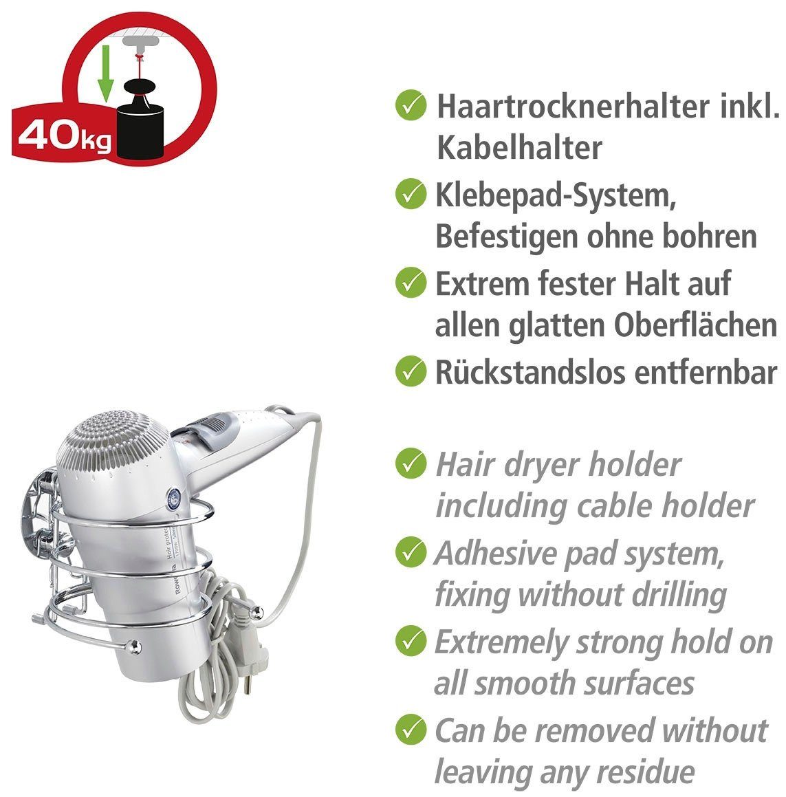WENKO Haardrogerhouder Turbo-Loc® bevestigen zonder boren (1 stuk)