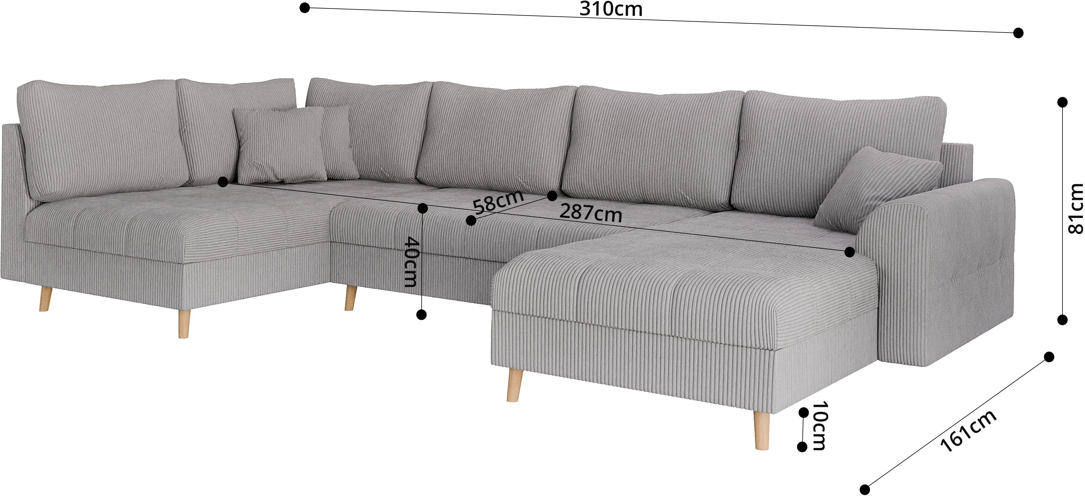 Home affaire Zithoek CHARRE U-vorm met ottomane, afmetingen B/D/H: 310/161/81 cm fijne stiksels, losse rug- en sierkussens, ook in cord en bouclé