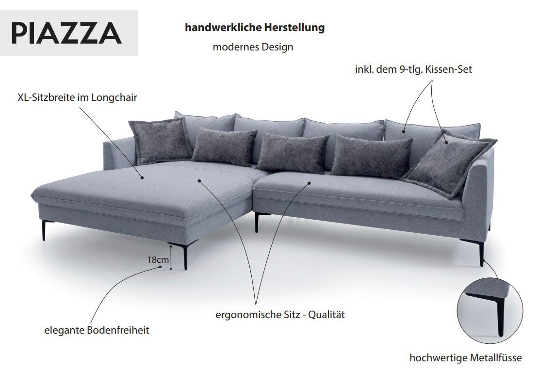 exxpo - sofa fashion Hoekbank Piazza, elegant en chic, designbank met geweldig zitcomfort, Longchair hoek in hoogwaardige afwerking, afmetingen 321x187cm (2-delig)