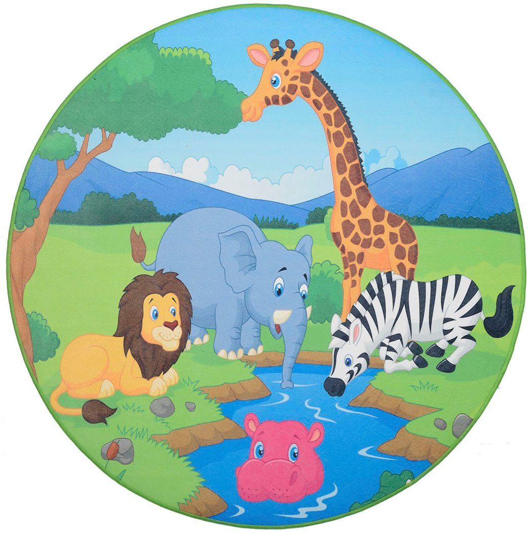 Böing Carpet Kindervloerkleed Drinkplaats gedessineerd, motief dierentuindieren, wasbaar, kinderkamer