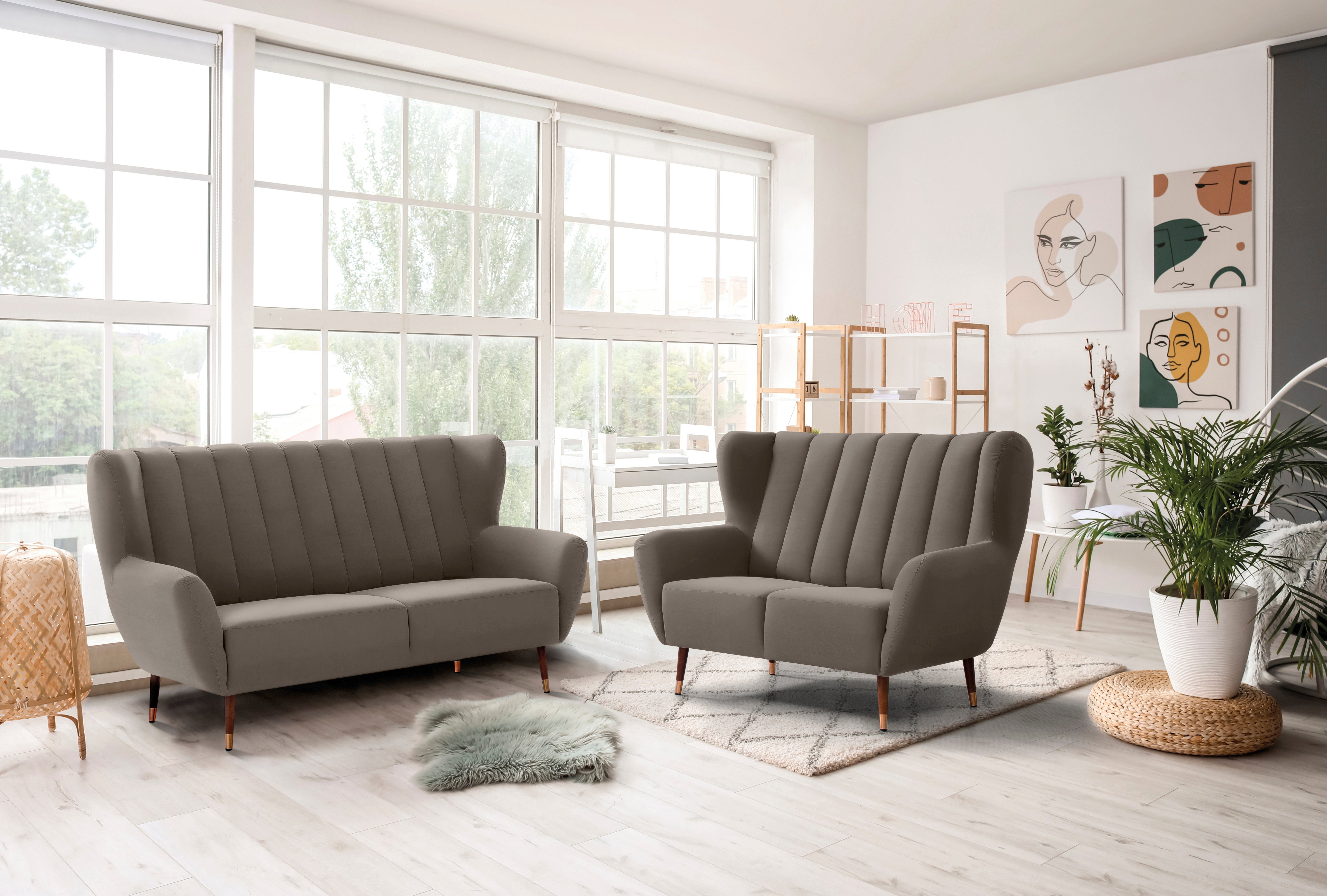 exxpo - sofa fashion 3-zitsbank Polly, comfortabel met hoge rugleuning, hoge poten, oorschelpbank