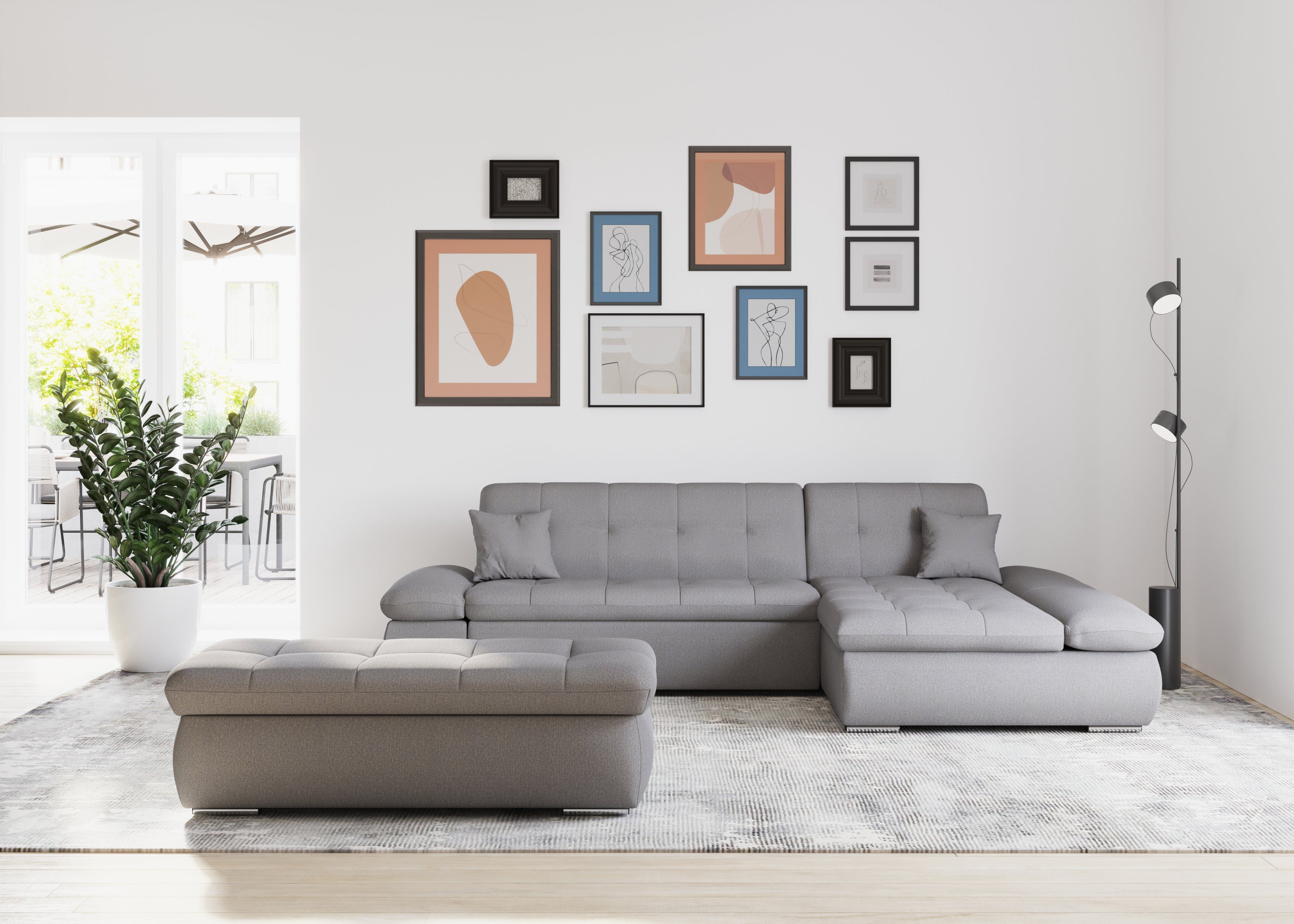 DOMO collection Hoekbank Moric, L-vorm, XXL-bank - Breedte 300cm keuze met bedfunctie en armleuningverstelling, donkergroen