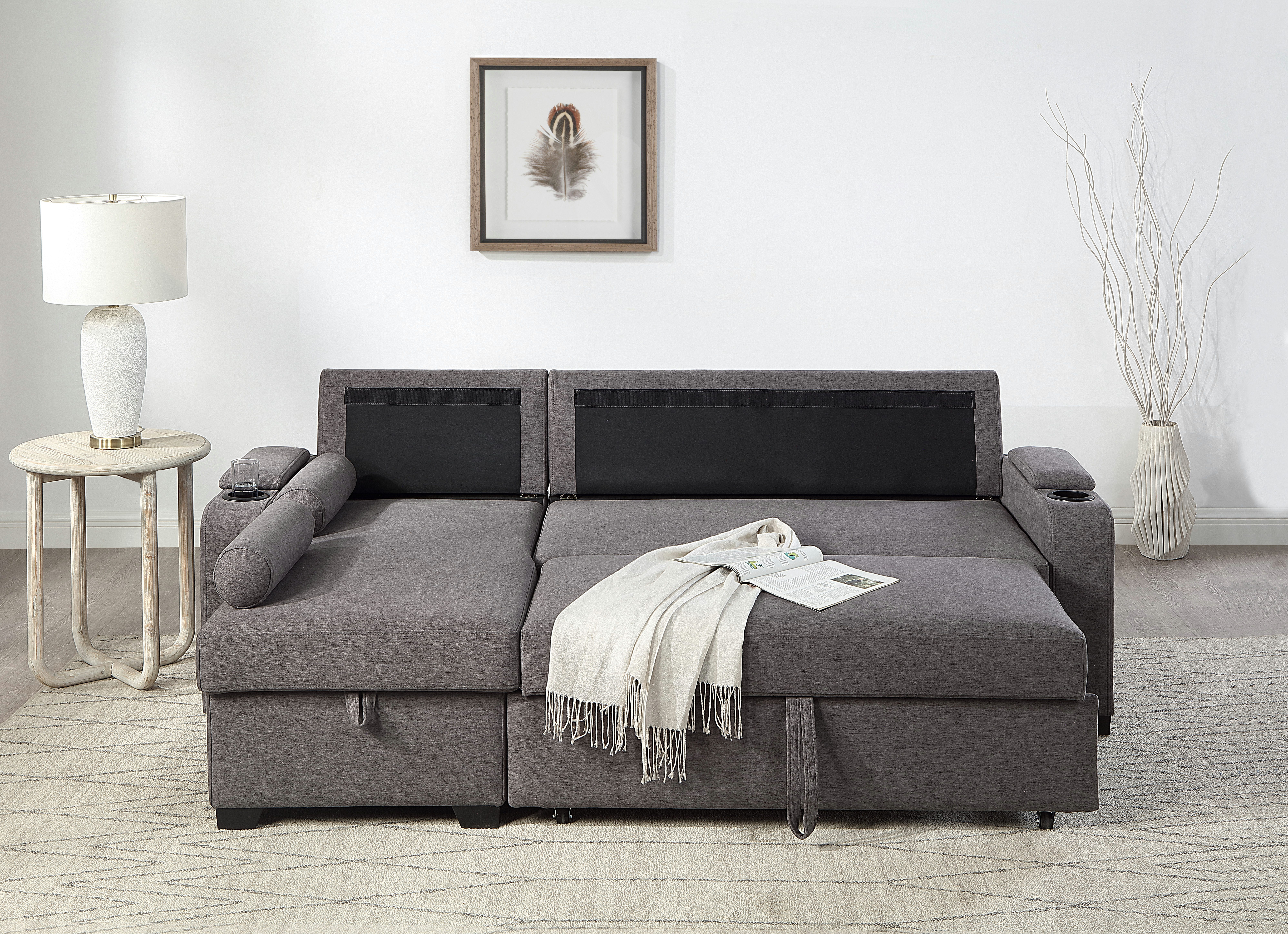 ATLANTIC home collection Hoekbank Gorje L-vorm met slaapfunctie, opbergruimte, bekerhouder, opbergvakken & kussenrollen