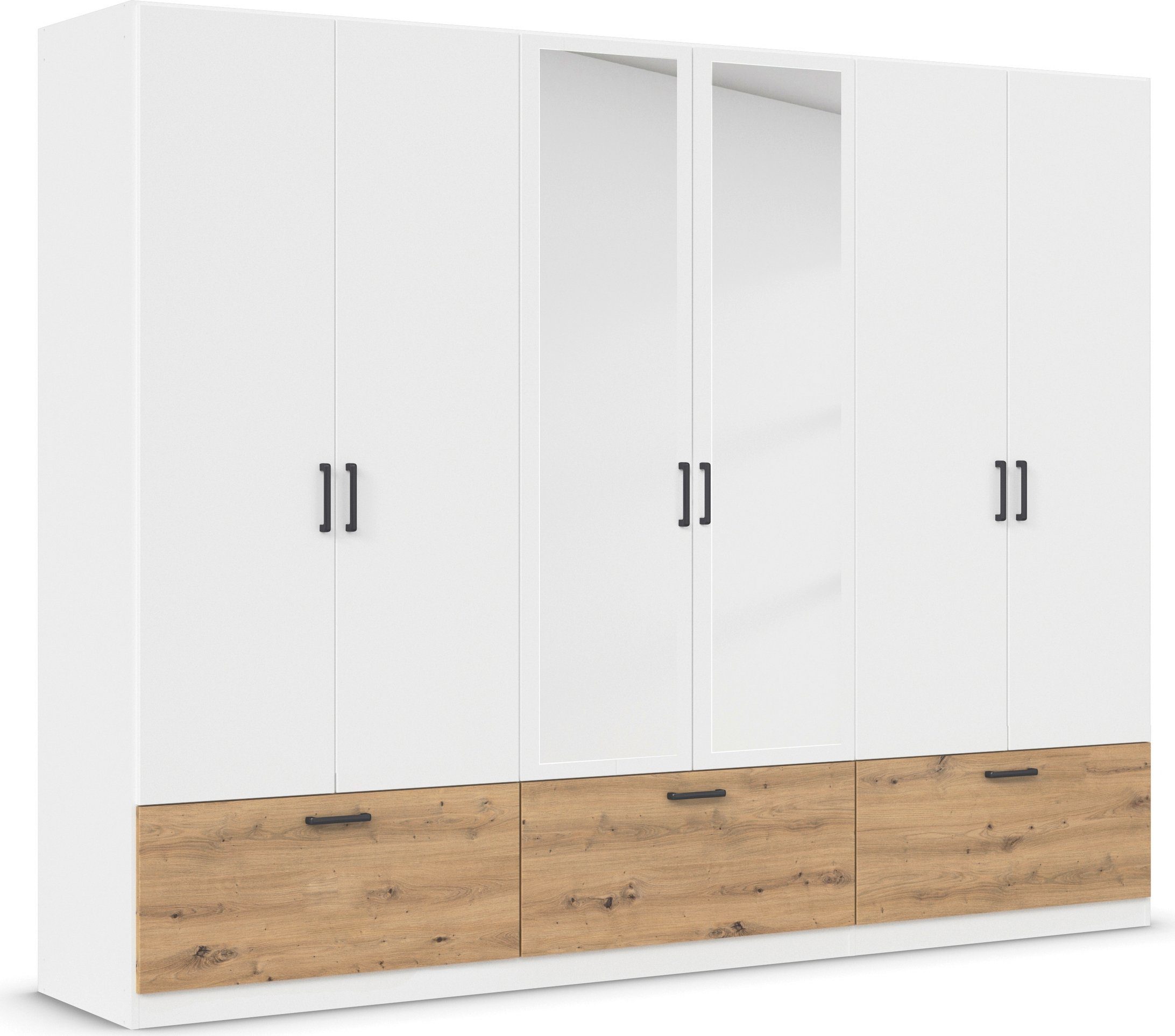 rauch Draaideurkast Kledingkast kast garderobe waskast BARI met spiegel met lades en moderne greep in grijs metallic made in germany