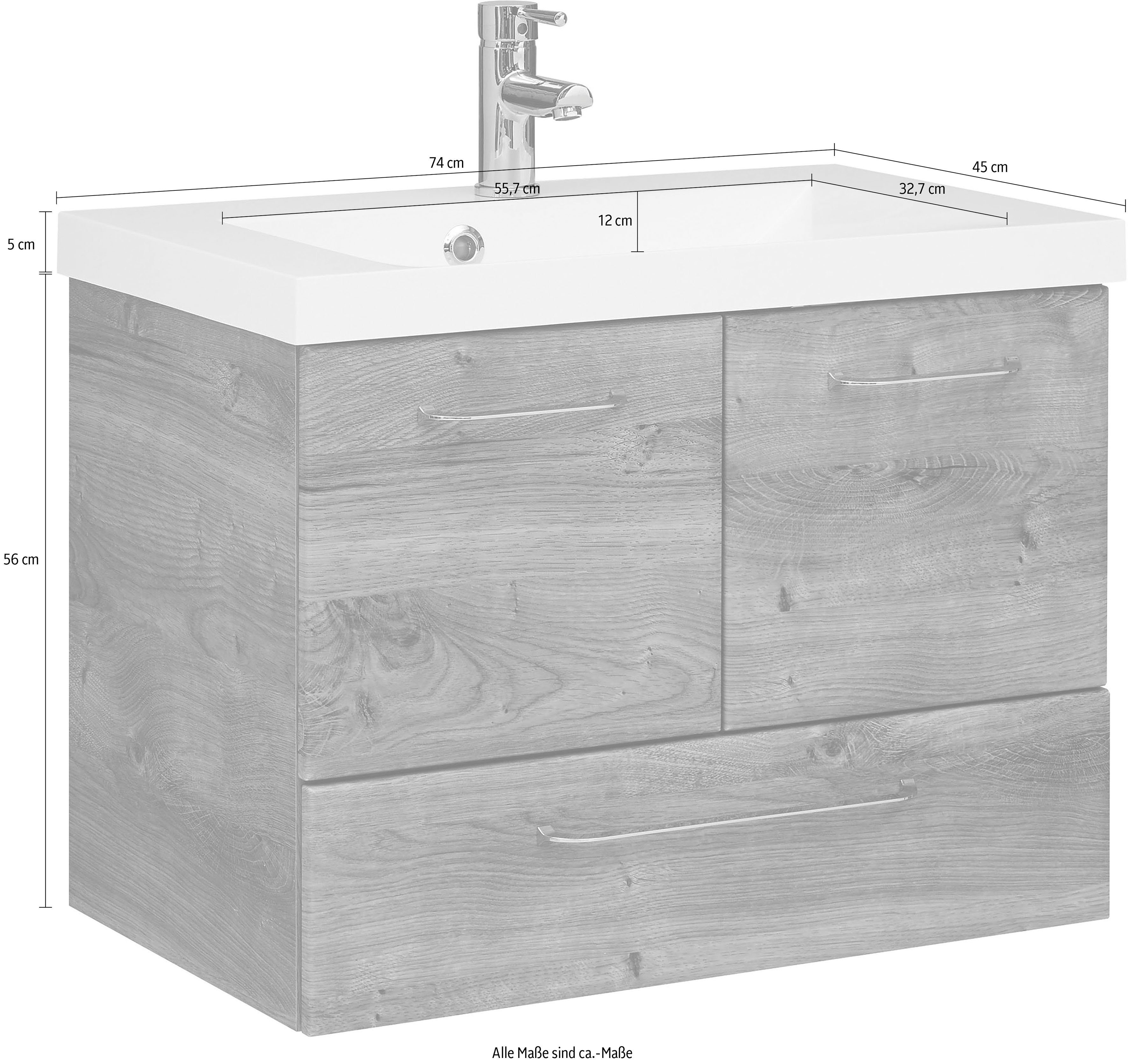 Saphir Wastafelonderkast Quickset mineralenmarmer wastafel met onderkast, 74 cm breed Wastafelmeubel, grepen glanzend chroom, inclusief deurdemper, 2 deuren, 1 lade