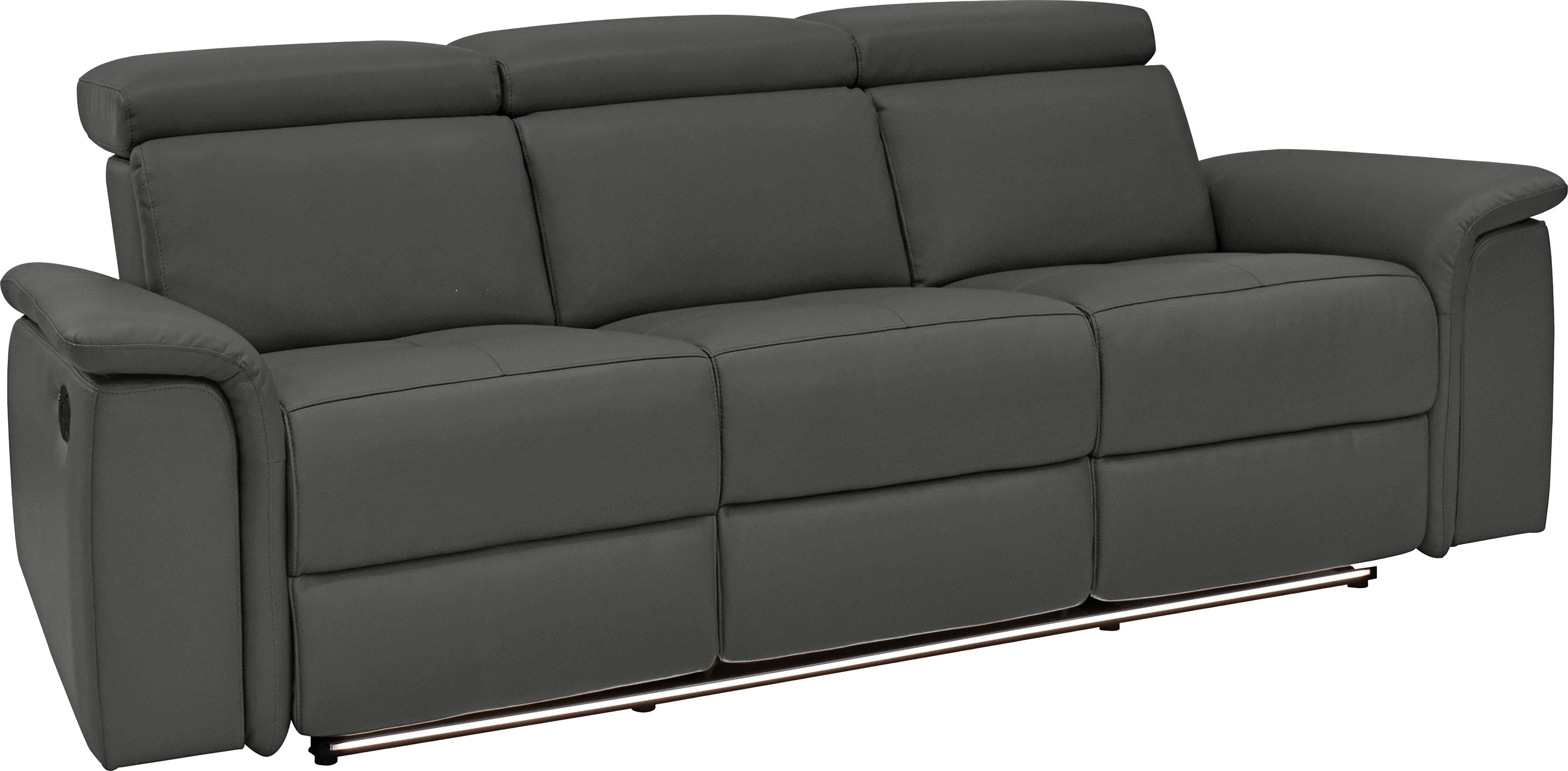 Places of Style 3-zitsbank Pareli 229 cm, handmatige en elektrische relaxfunctie in 2 zits USB, verstelbare hoofdsteun, LED-verlichting, in echt leer, kunstleer, geweven stof