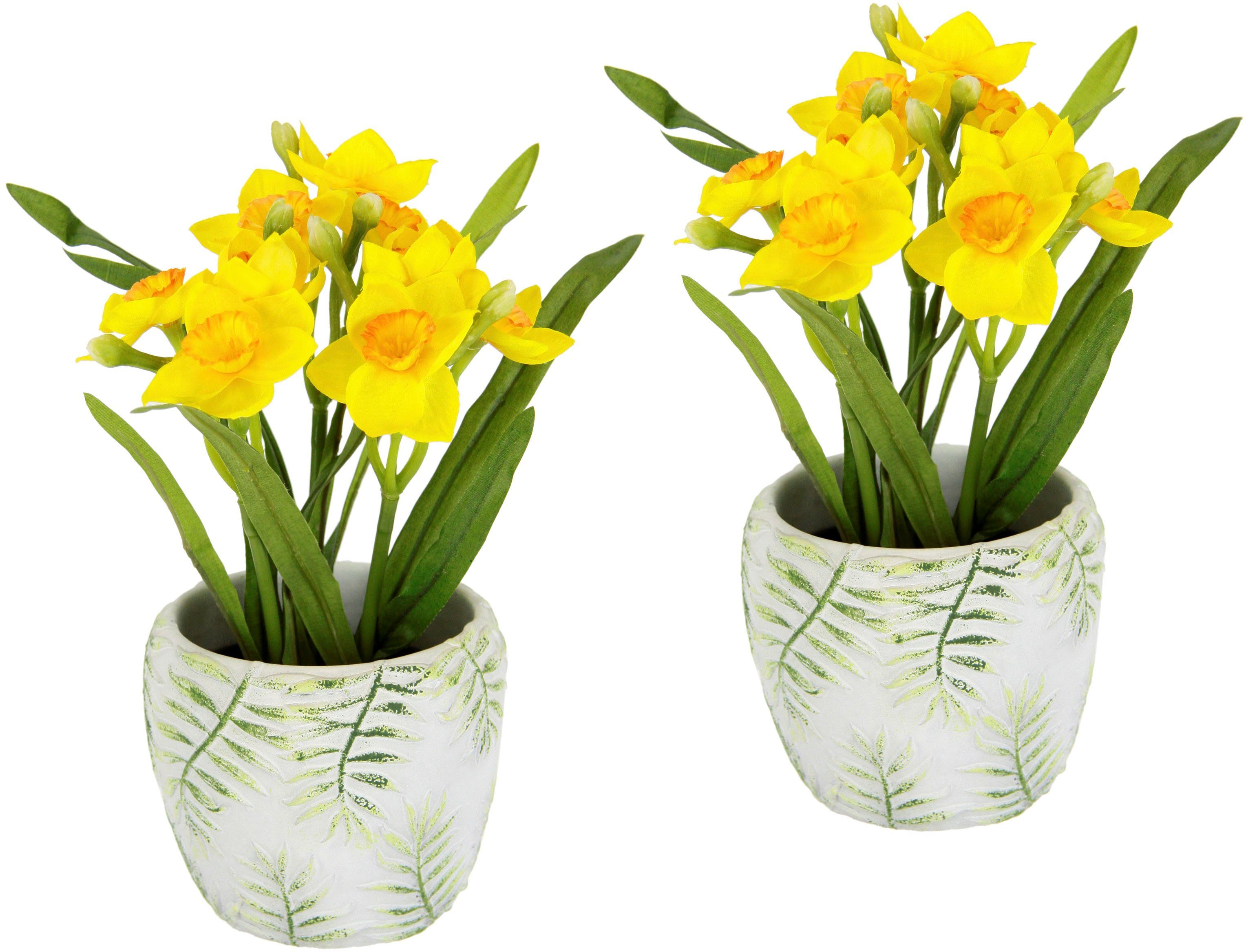 I.GE.A. Kunstbloem Gele narcis in cementen pot, set van 2, kunstmatige lentebloem, narcissen...