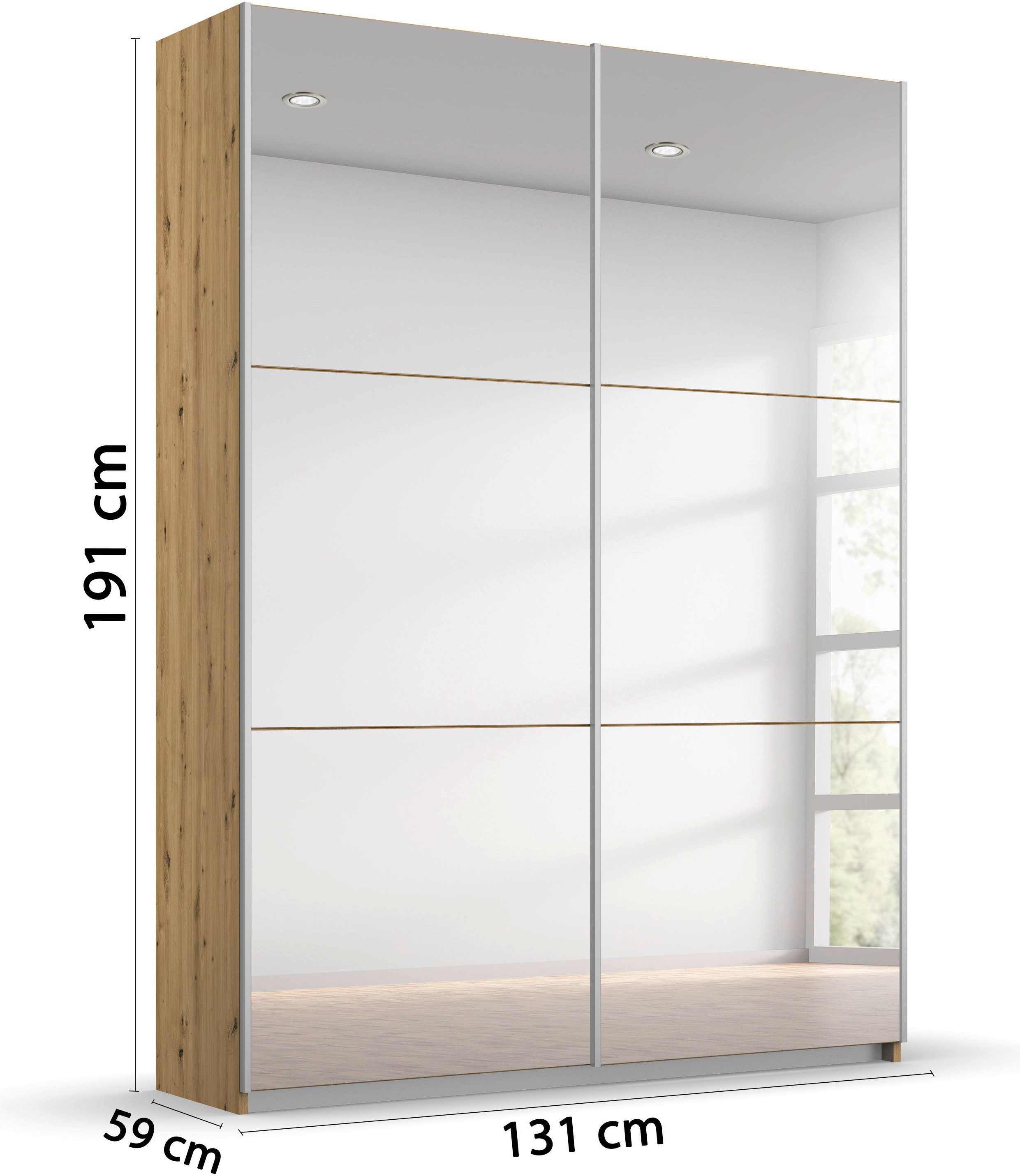rauch Zweefdeurkast Kledingkast kast garderobe REFLECT inclusief praktische binneninrichting met 2 stoffen dozen made in germany