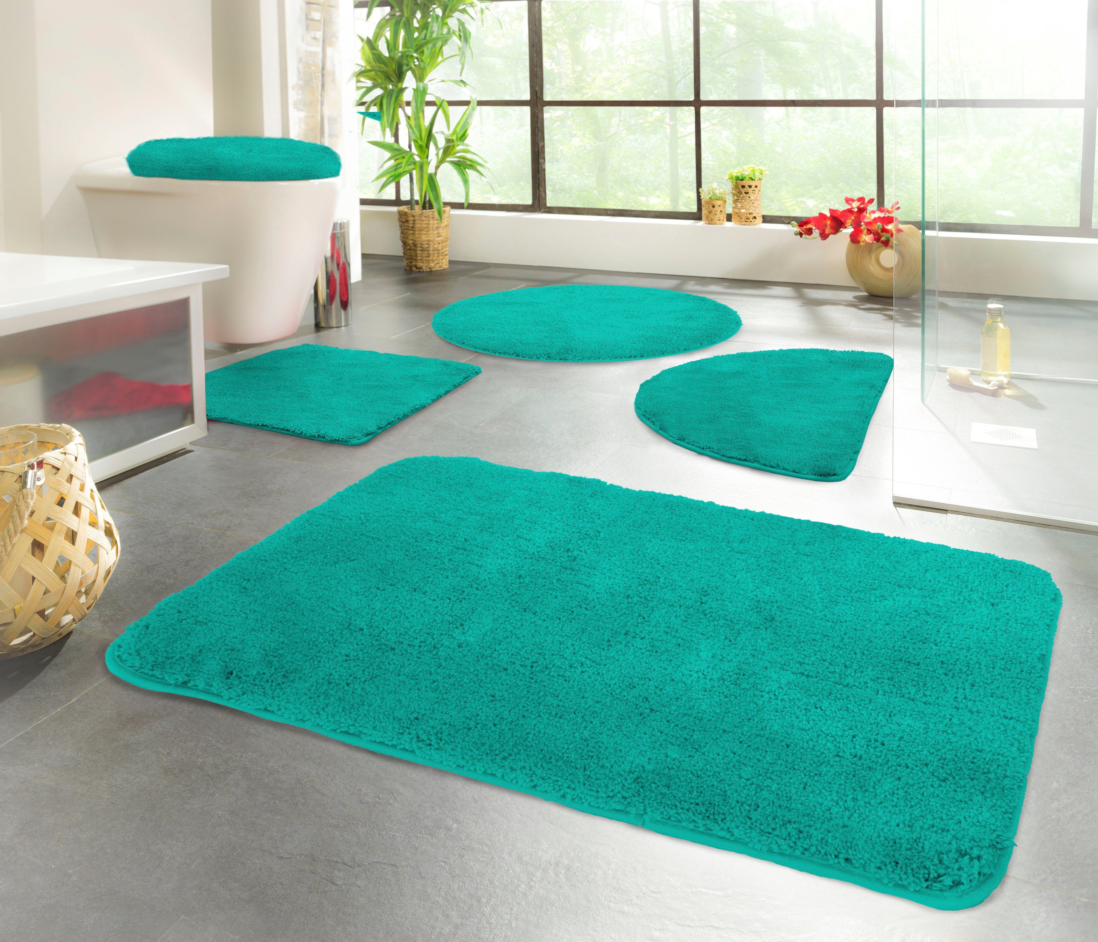 KiNZLER Badmat Chaozhou Baddeken, effen kleuren, zacht, verkrijgbaar als rechthoekig, rond & set badmatten maat 2-delige set voor staand toilet groen
