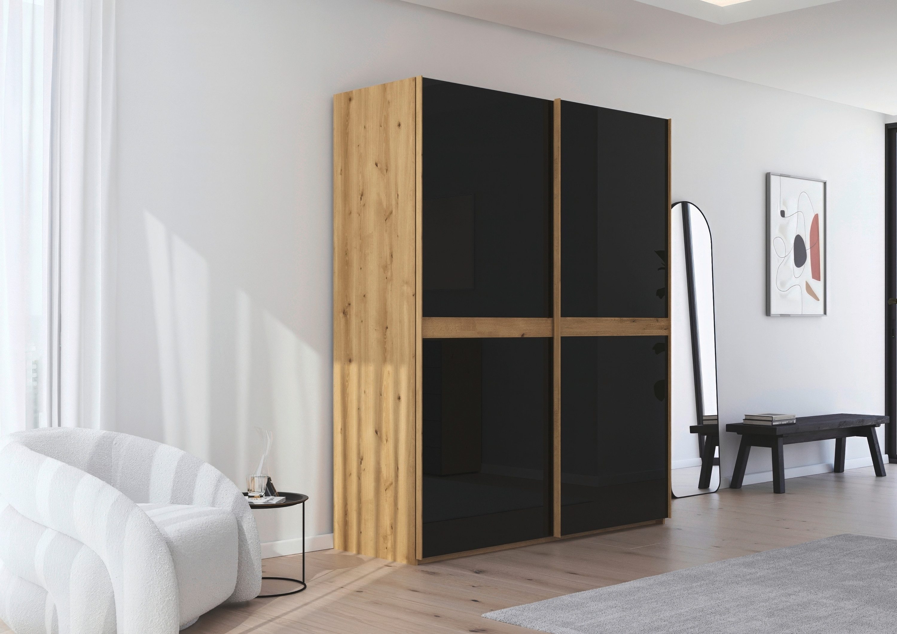 rauch Schuifdeurkast Kledingkast kast garderobe slaapkamerkast SCALE-LINE edel uiterlijk met buikband in corpuskleur met glasfront made in germany