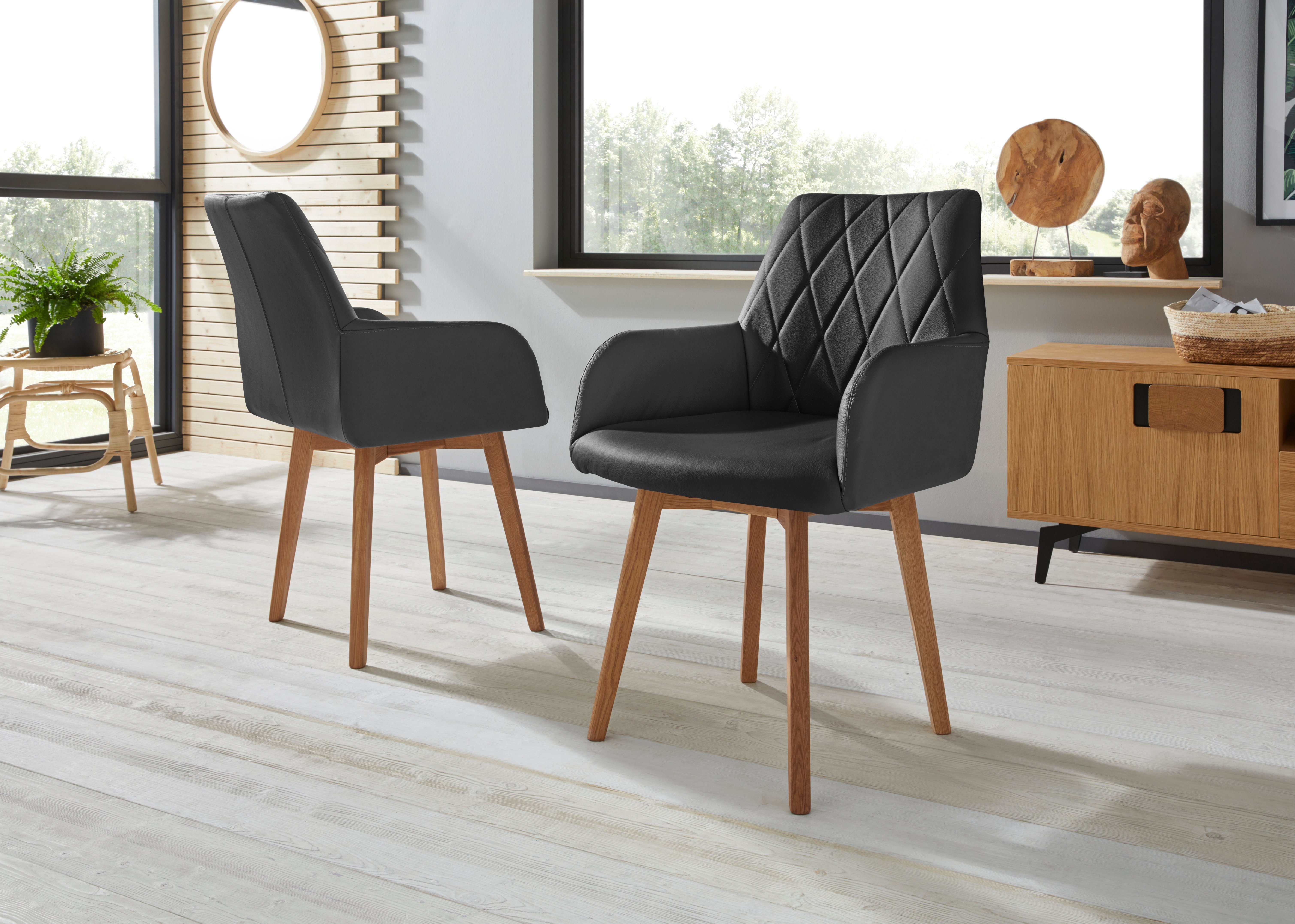 Home affaire Eetkamerstoel Brest Fauteuil in leer of microvezel, geolied massief eiken frame (2 stuks)