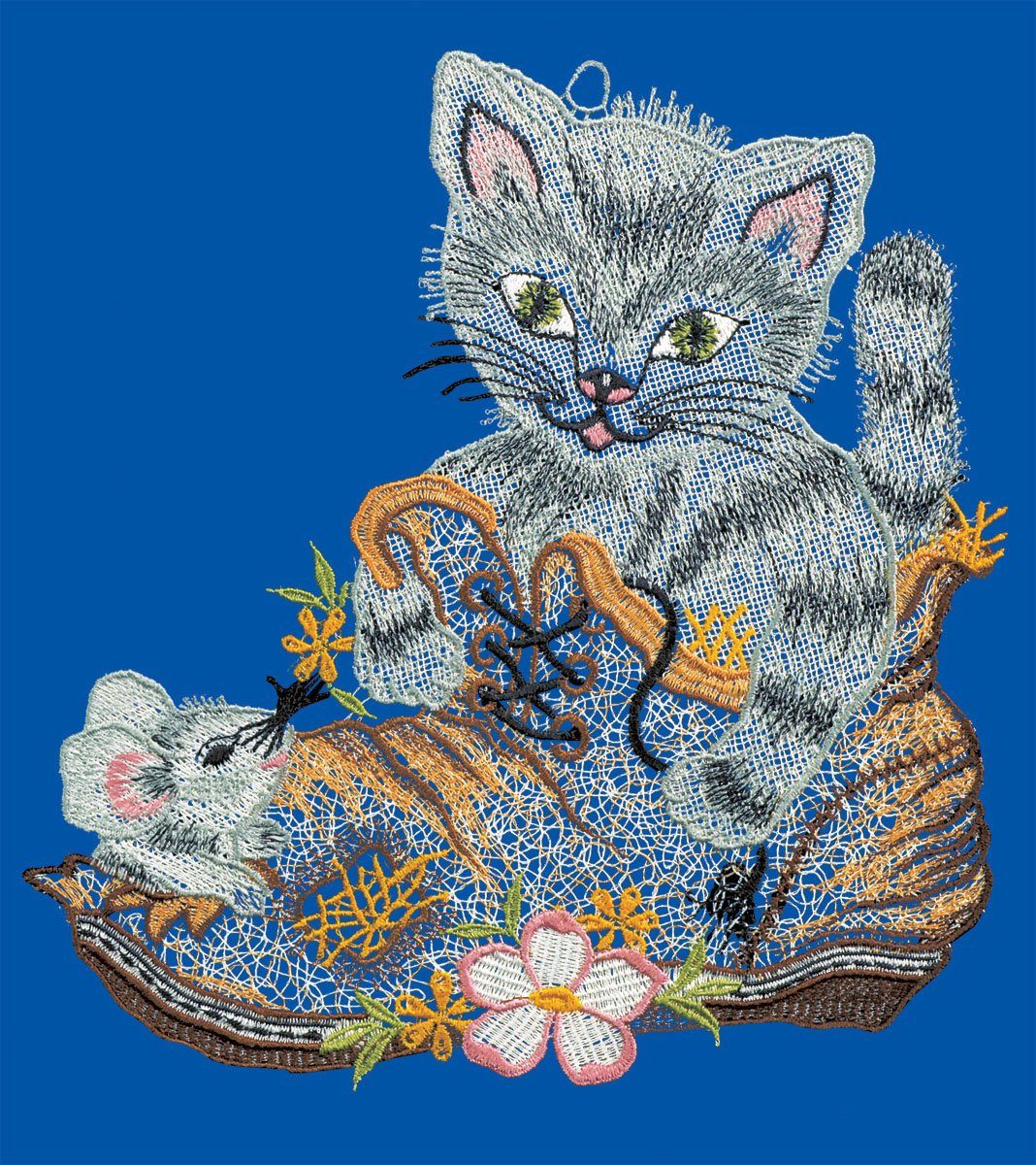 W. Reuter & Sohn - Plauener Spitze® Raamdecoratie "kat in de schoen" in kleur