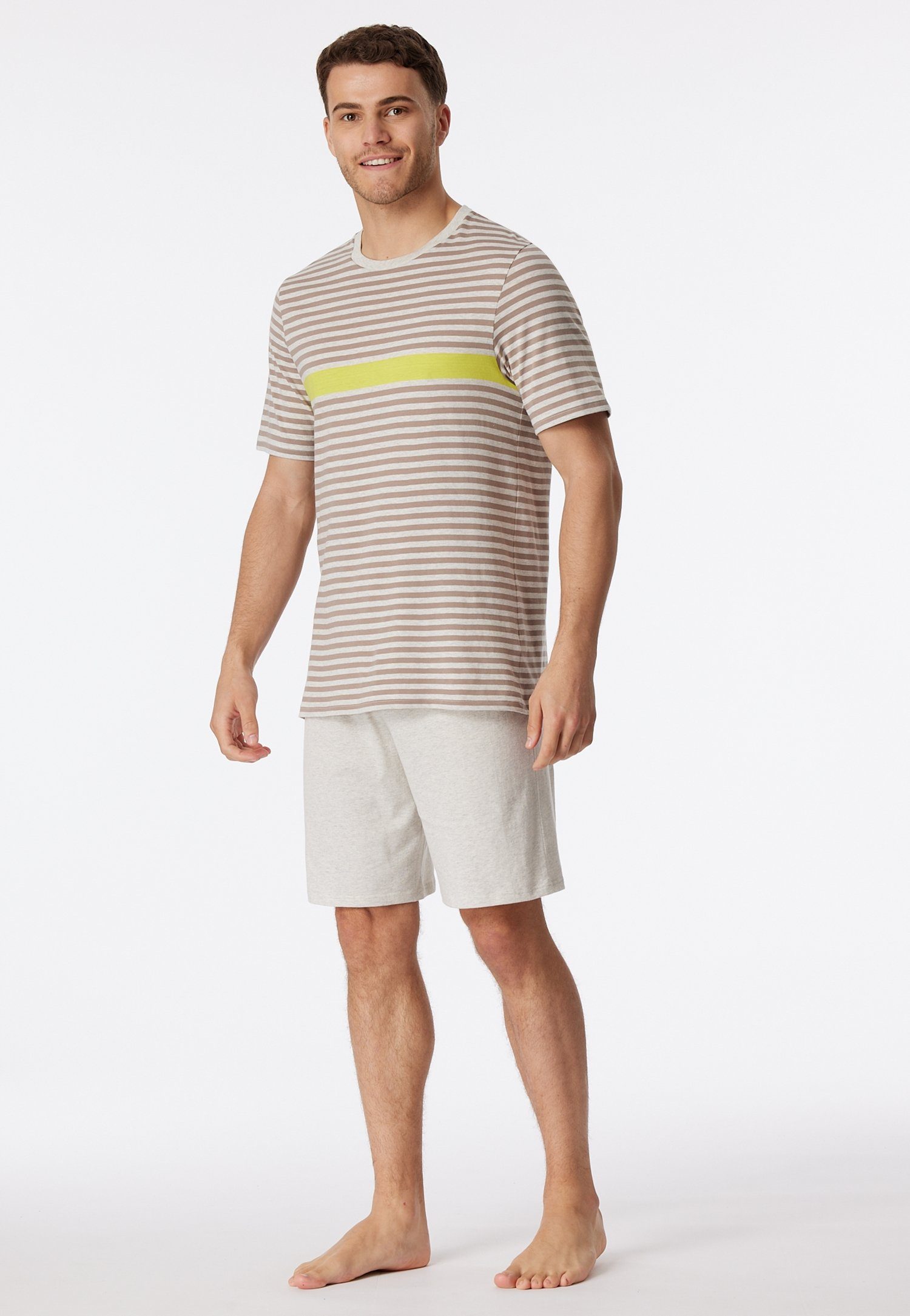 Schiesser Shortama "Casual Nightwear" met gekleurd contraststrepen en geribbelde ronde hals (2-delig) heren shortama's maat 48 (S) bruin
