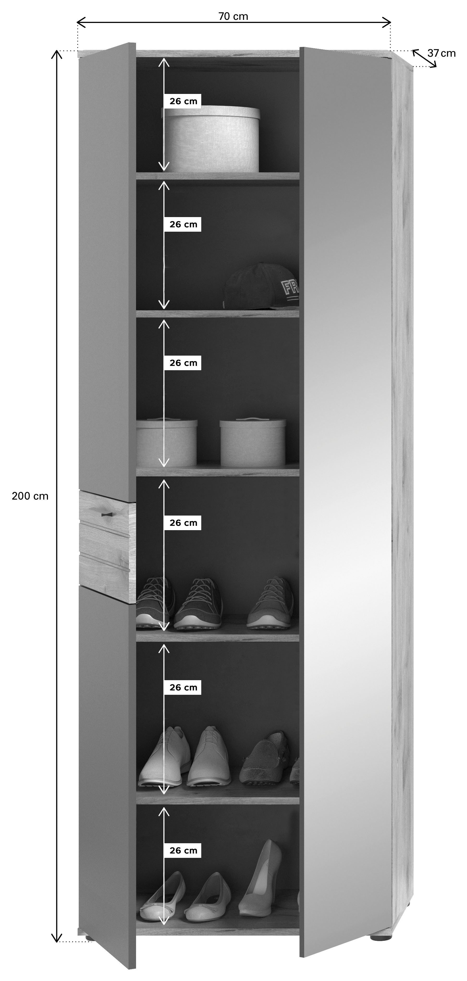 INOSIGN Kledingkast Riga, Hoogte 200 cm, 2 Deuren, 4 Planken, 1 Kledingstang met softclose, uittrekbare kledingstang, universeel inzetbare kast