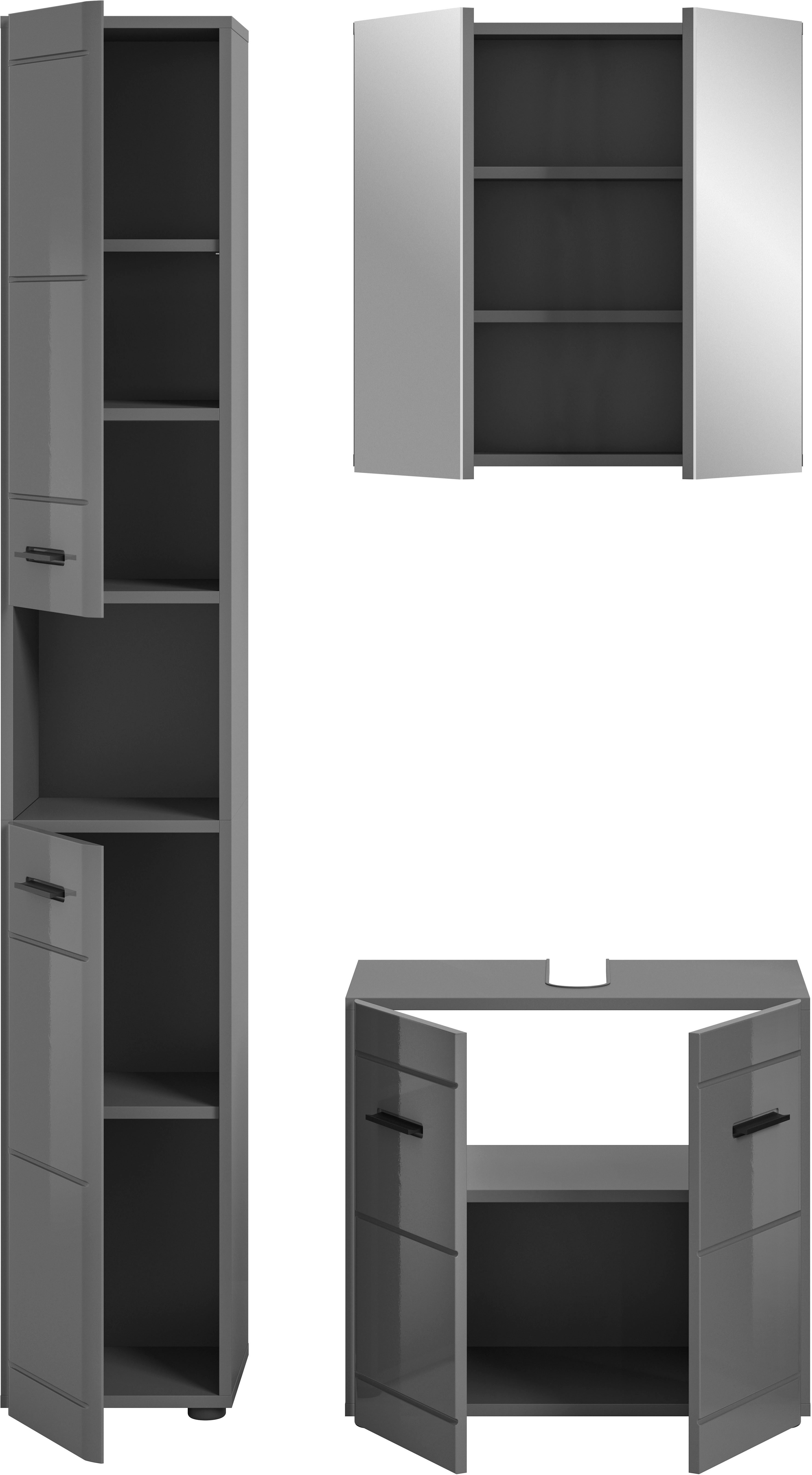 welltime Badmeubelset Doux, bestaande uit: hoge kast, wastafelonderkast Spiegelschrank, hoogwaardige hoogglans MDF front met groeffrasing (3 stuks)