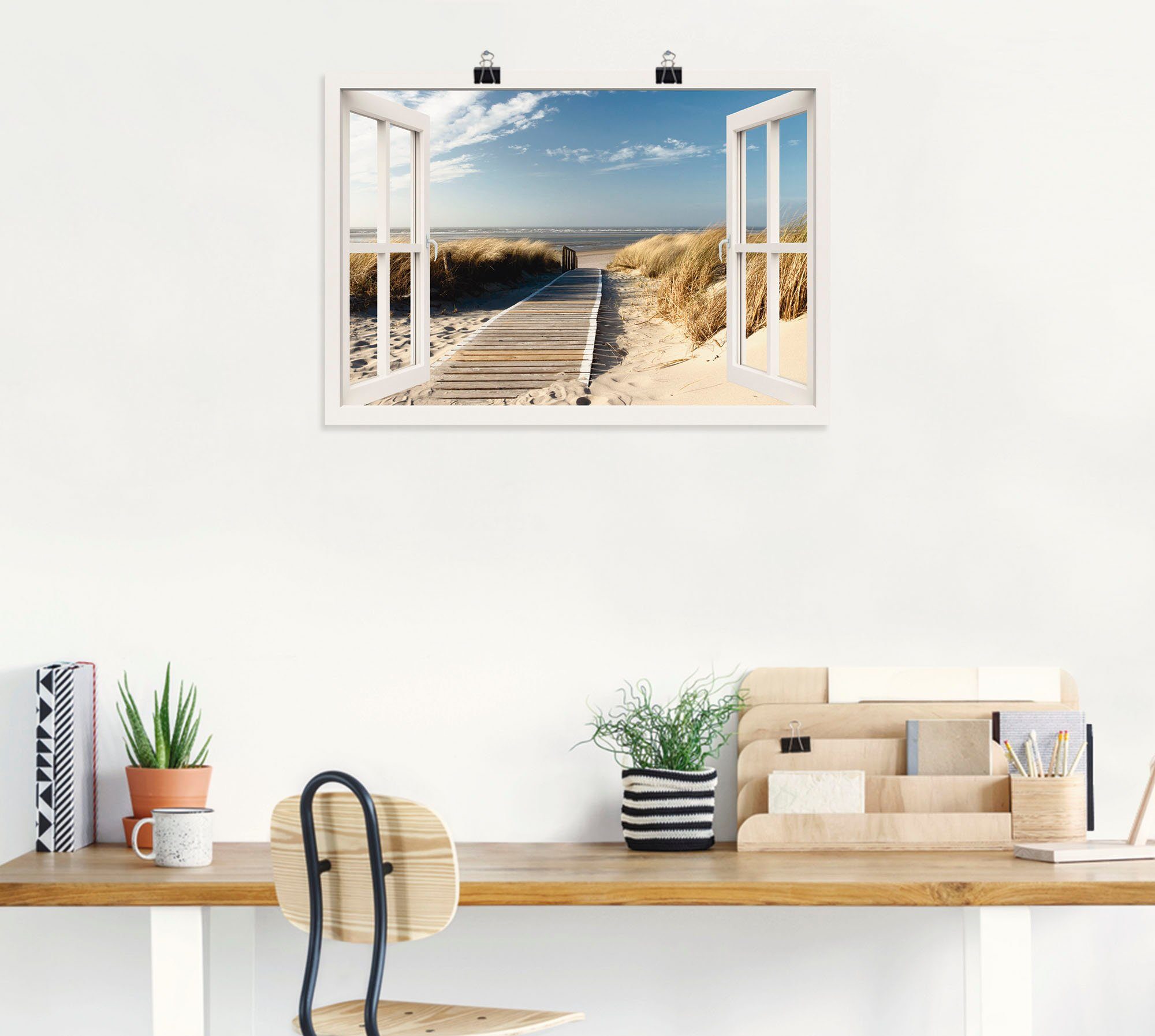 Artland Artprint Blik uit het venster Noordzeestrand op Langeoog als artprint op linnen, poster, muursticker in verschillende maten