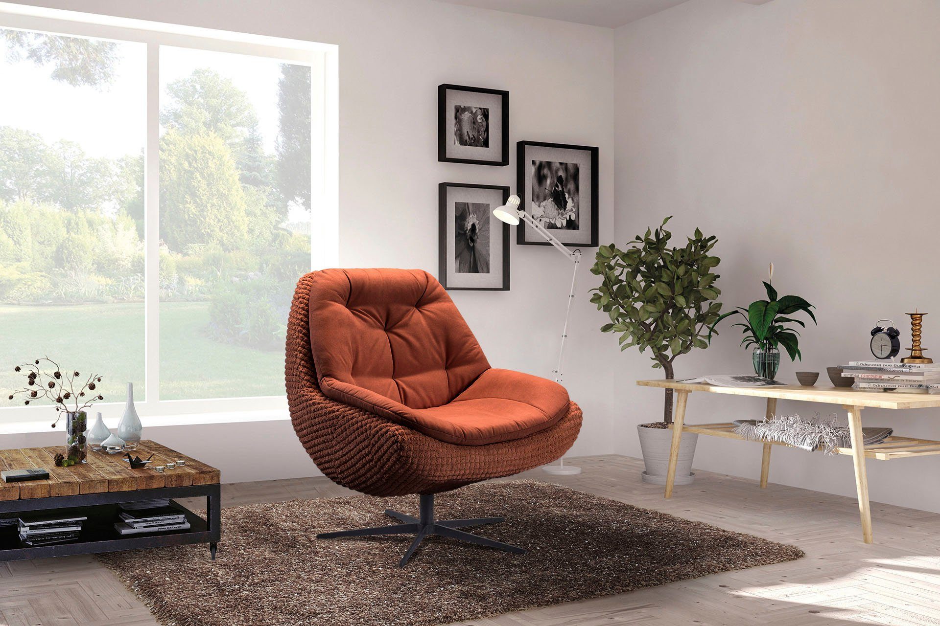 exxpo - sofa fashion Draaibare fauteuil Dim, loungestoel in materiaalmix, design en comfort, solitair meubel Comfortabel gestoffeerde draaifauteuil met elegante metalen stervormige voet