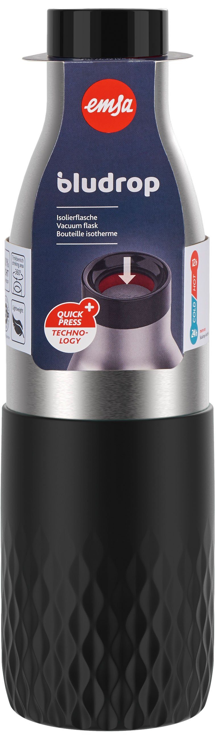 Emsa Drinkfles Bludrop Sleeve Roestvrij staal/siliconen, quick-press, 12u warm/24u koel (1-delig)