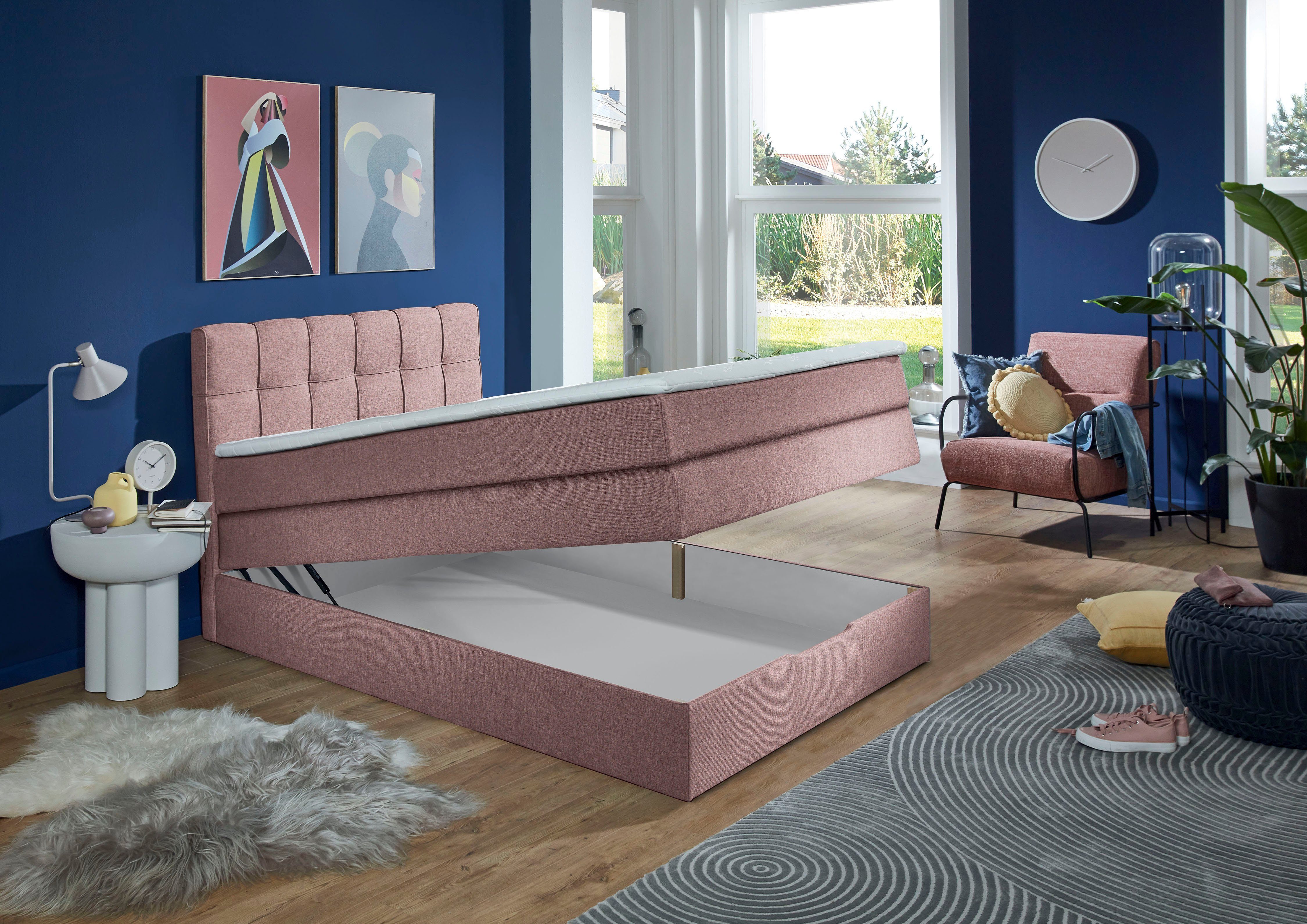 INOSIGN Boxspring Fornoli incl. topmatras en bedkist, h3 in twee matrassoorten boxsprings roze
